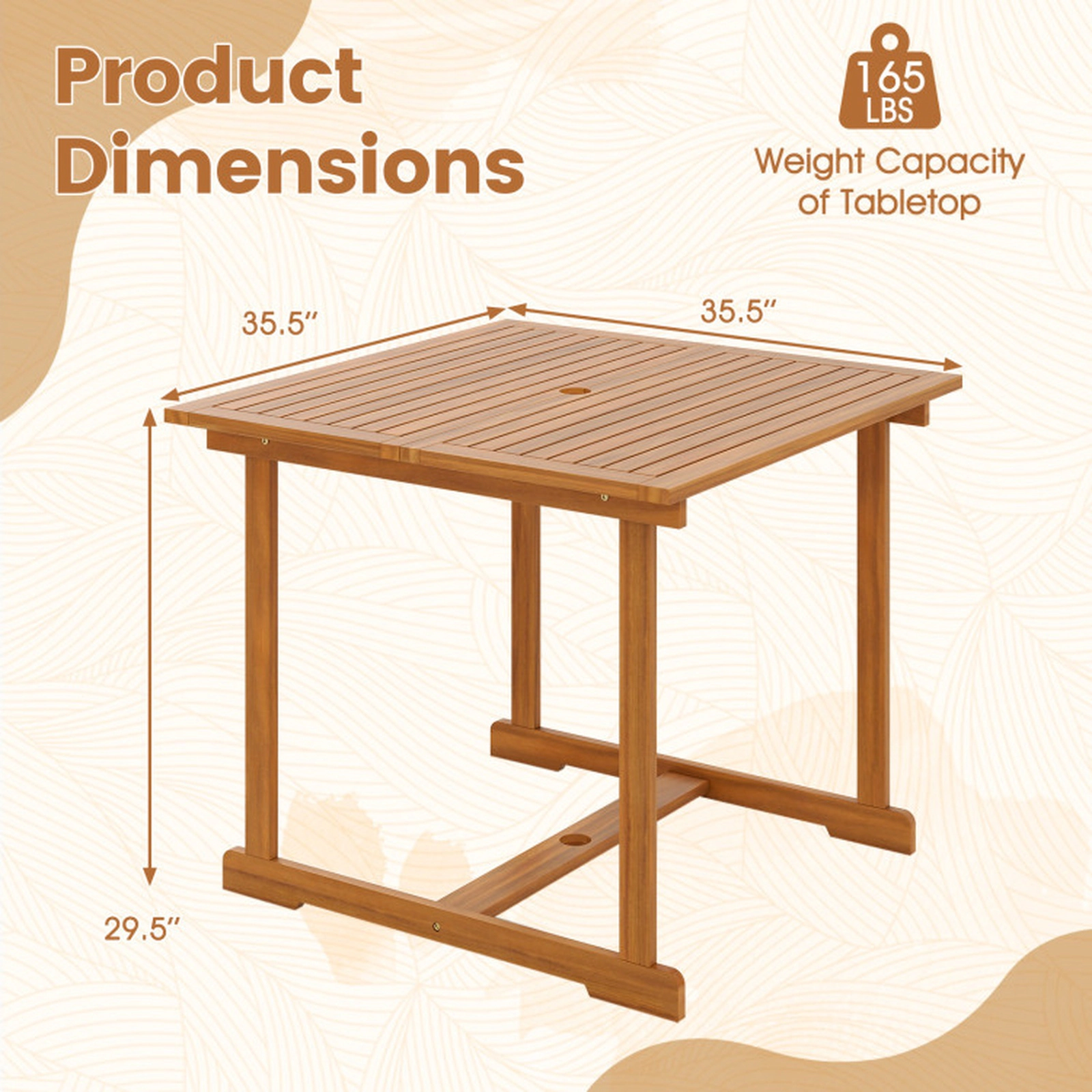 SUGIFT 35.5-in Square Acacia Wood Outdoor Dining Table for 4 with Umbrella Hole