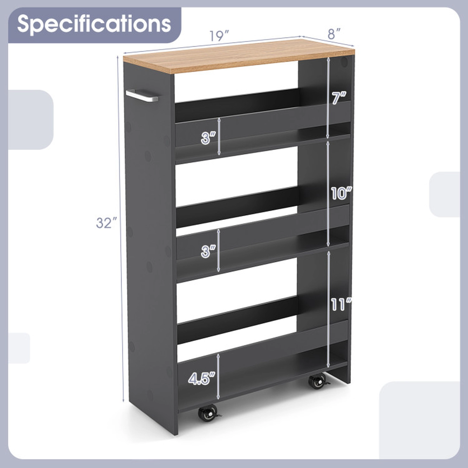 SUGIFT 4-Tier Slim Rolling Kitchen Storage Cart with Open Shelves Handle and Guard Rails 15-lb Upper Shelf Capacity Gray
