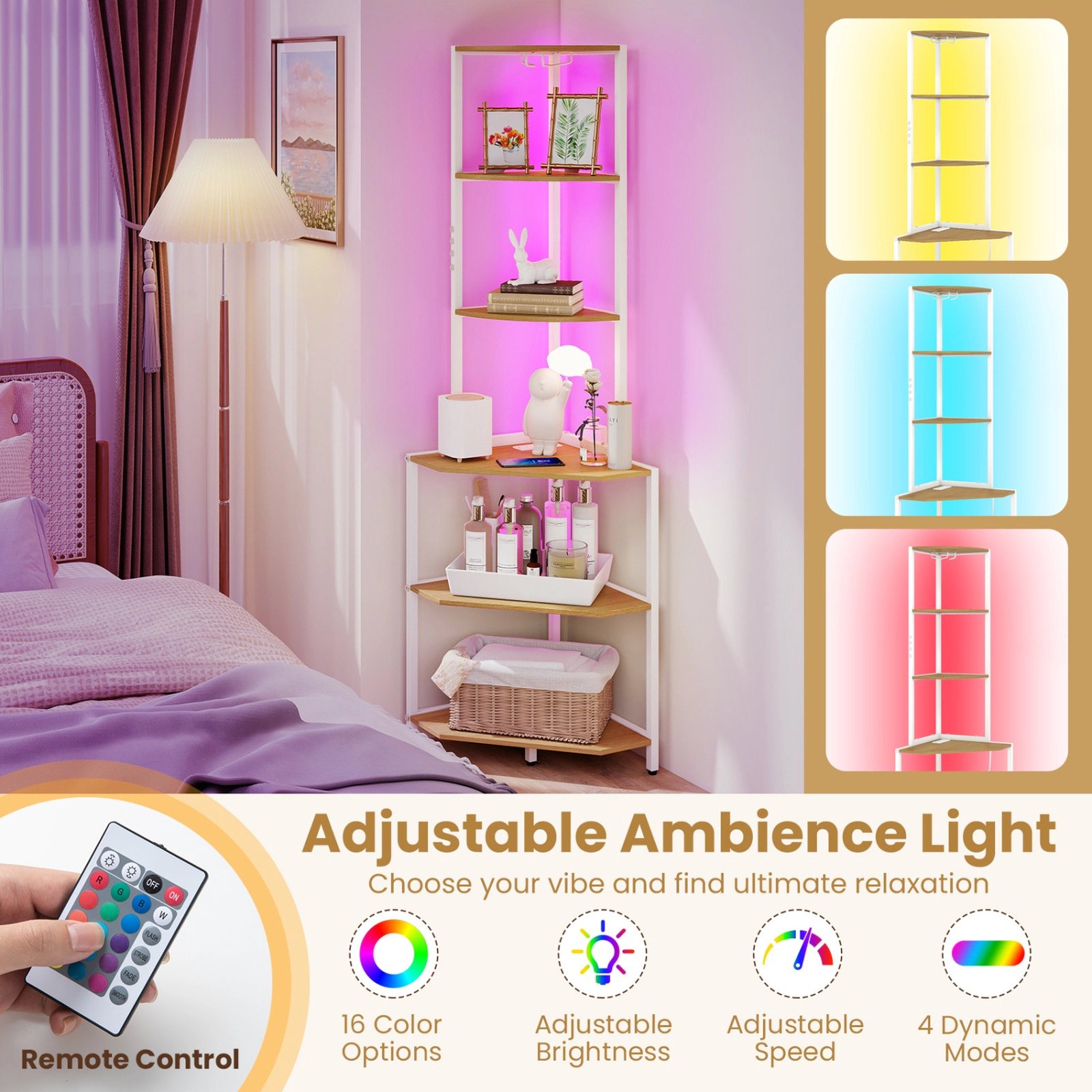 SUGIFT 6-Tier Natural 65-in Tall Corner Bookshelf with Charging Station LED Light and Stemware Rack
