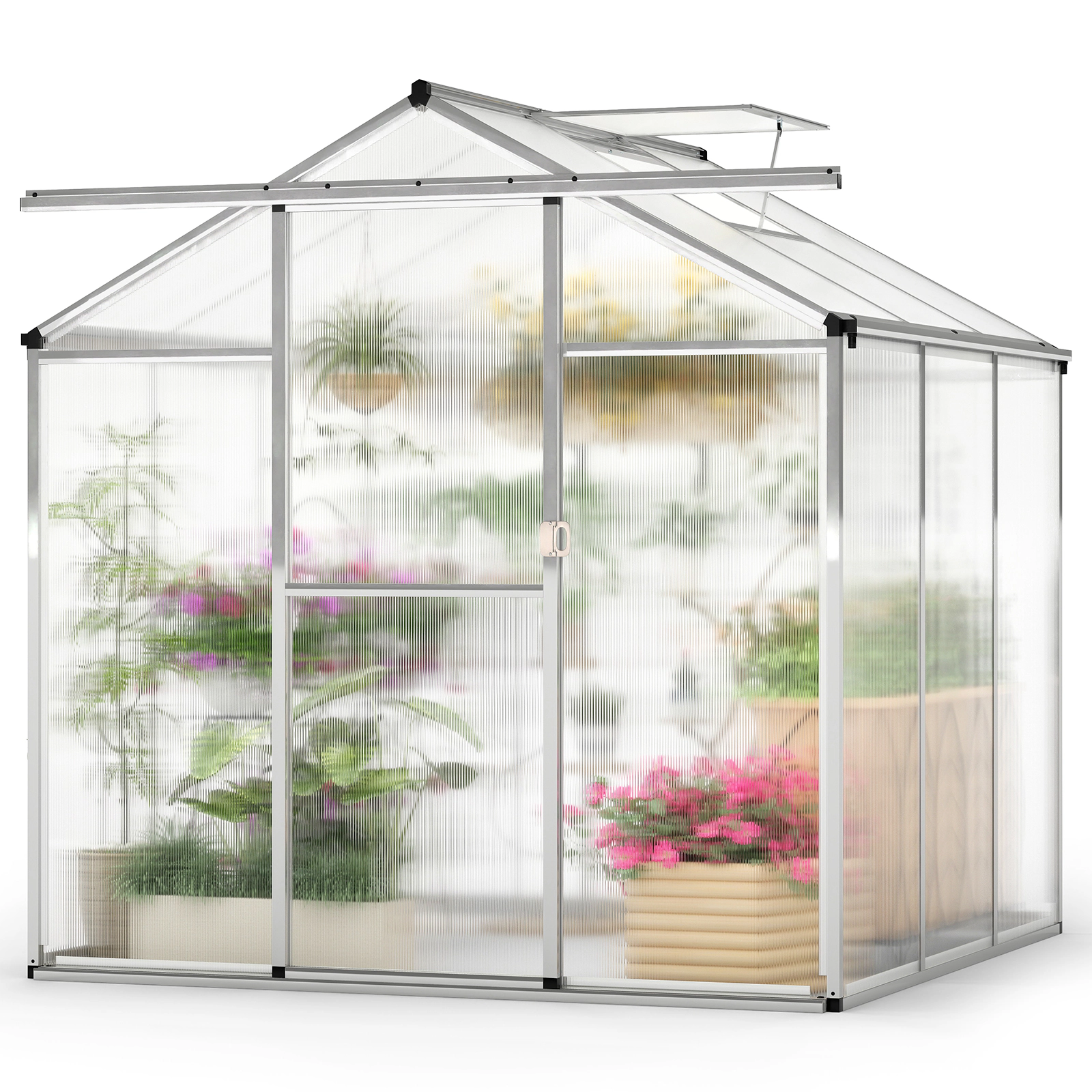 LJG Large Walk-in Green House with Rain Gutters and Polycarbonate Panels