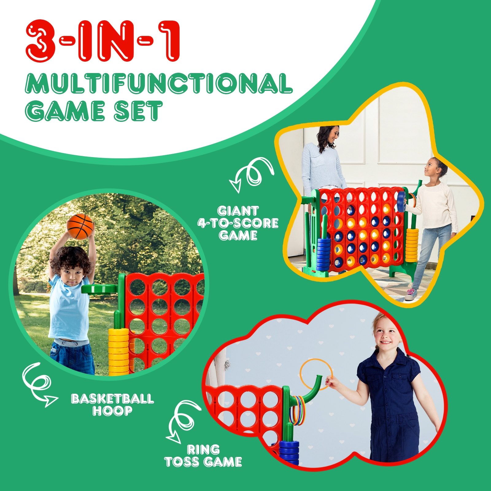 SUGIFT Green 3-in-1 2.5-ft Tall 4-to-Score Game Set with Ring Toss and Basketball Hoop 33-in W 13-in D 30-in H