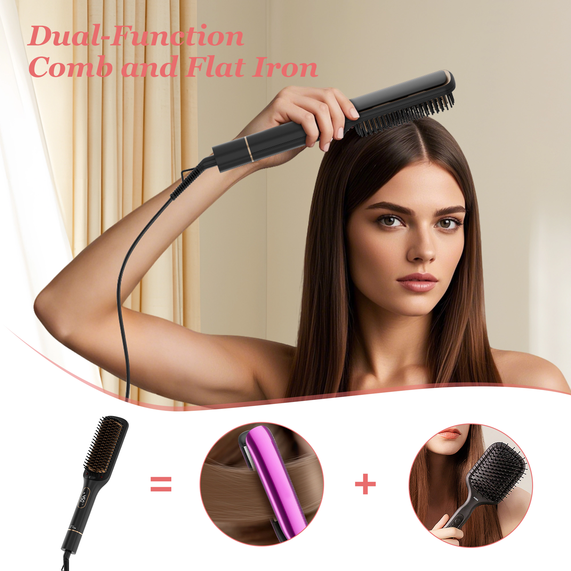 NICEBAY Hair Straightener Brush, 6 Temp Settings, Hair Straightening Brush, Auto-Off, LED Display