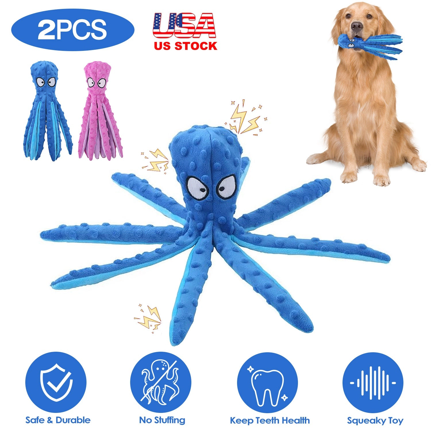 GBruno No-Stuffing Crinkle Octopus Dog Toy 2-Pack