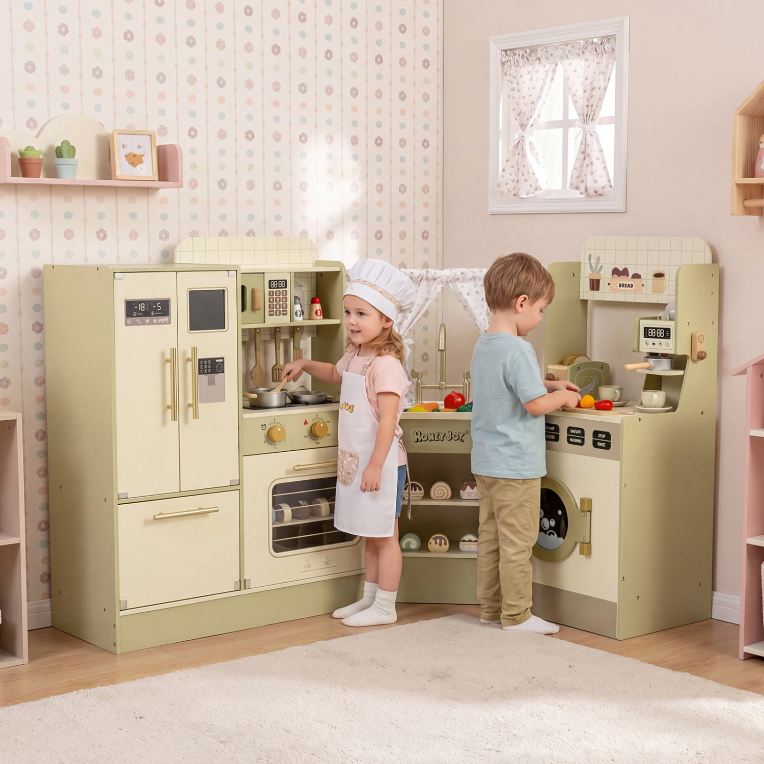 LJG Kids Corner Play Kitchen with Faucet and Dishwasher and Stoves