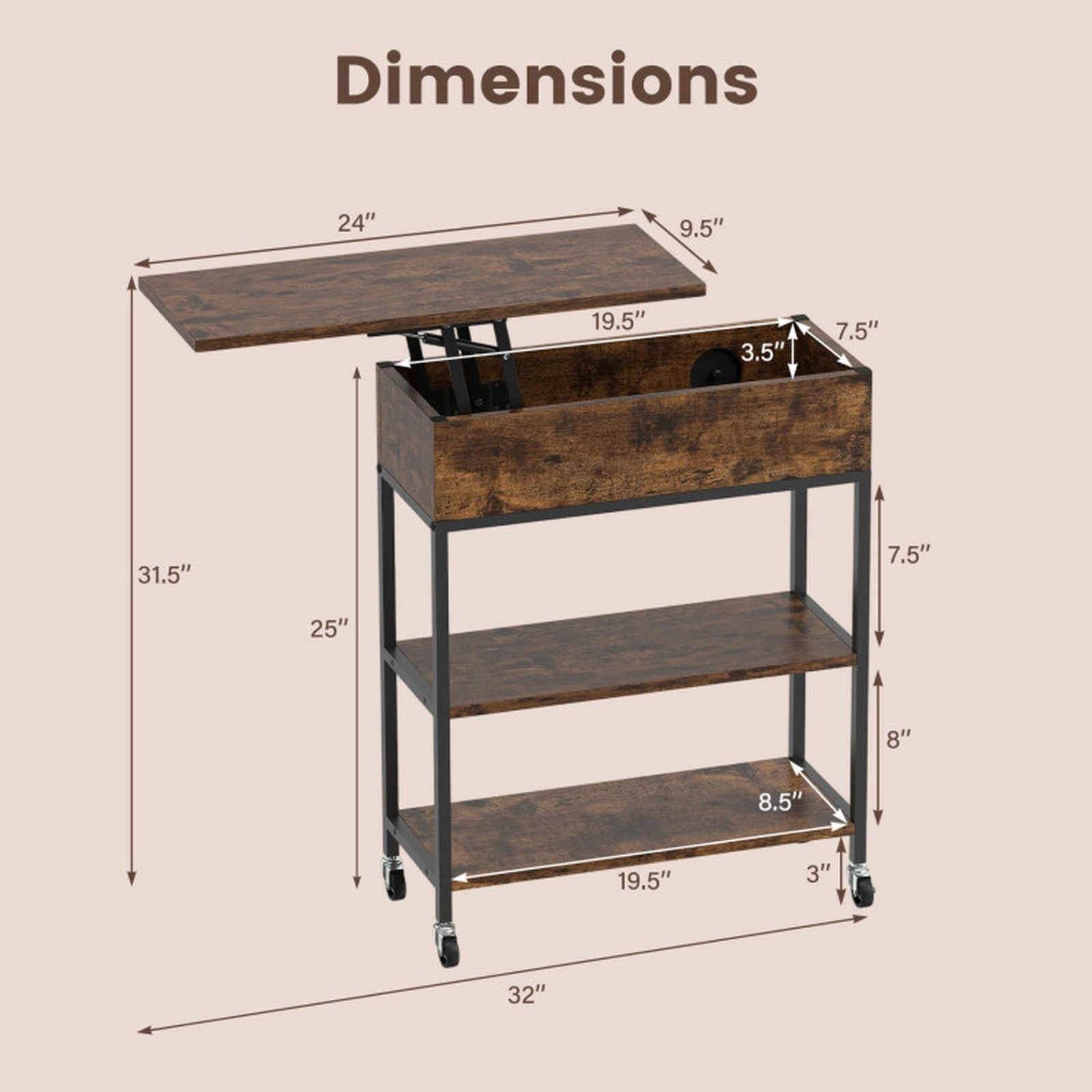 SUGIFT Narrow Lift Top End Table with Charging Station and Wheels 121-lb Capacity Rustic Brown