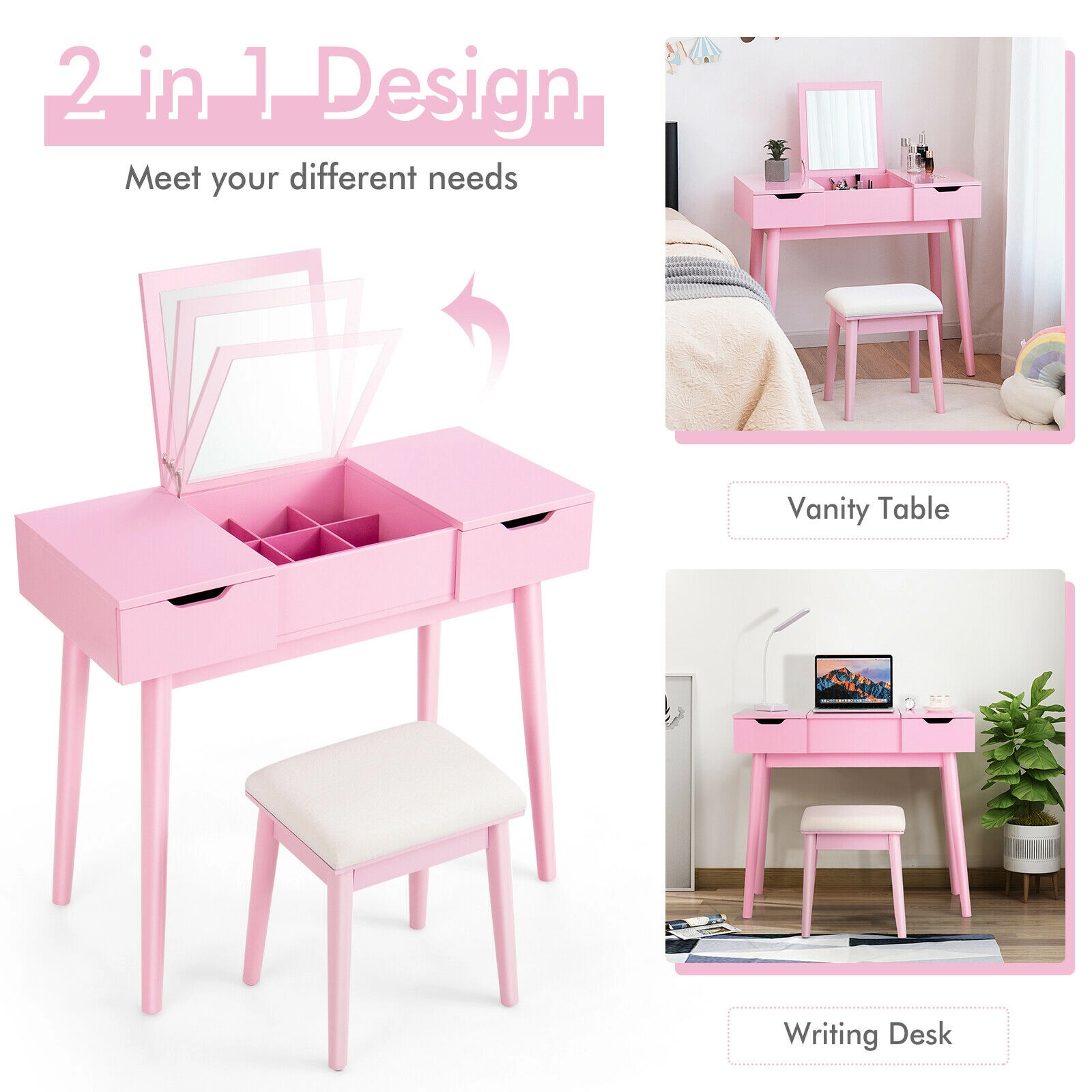 LJG Makeup Vanity Table Set with Flip Top Mirror and 2 Drawers