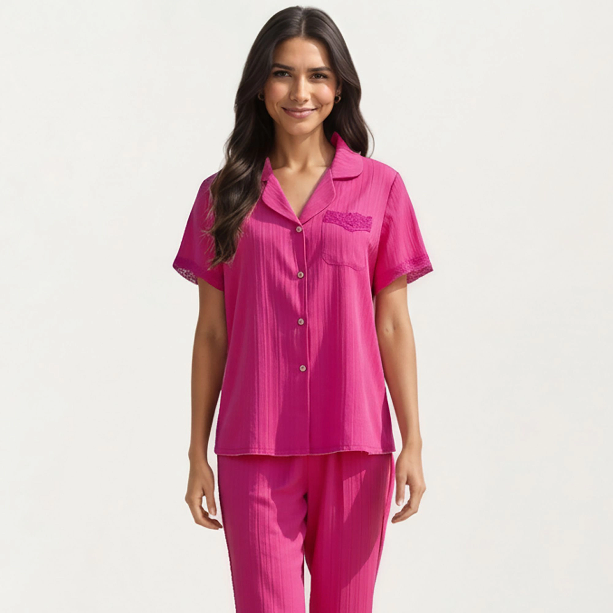 Anna-Kaci Women's Short Sleeve Pajama Set with Button Up Top Lace Trim Sleeves Chest Pocket and Relaxed Fit Lounge Pants