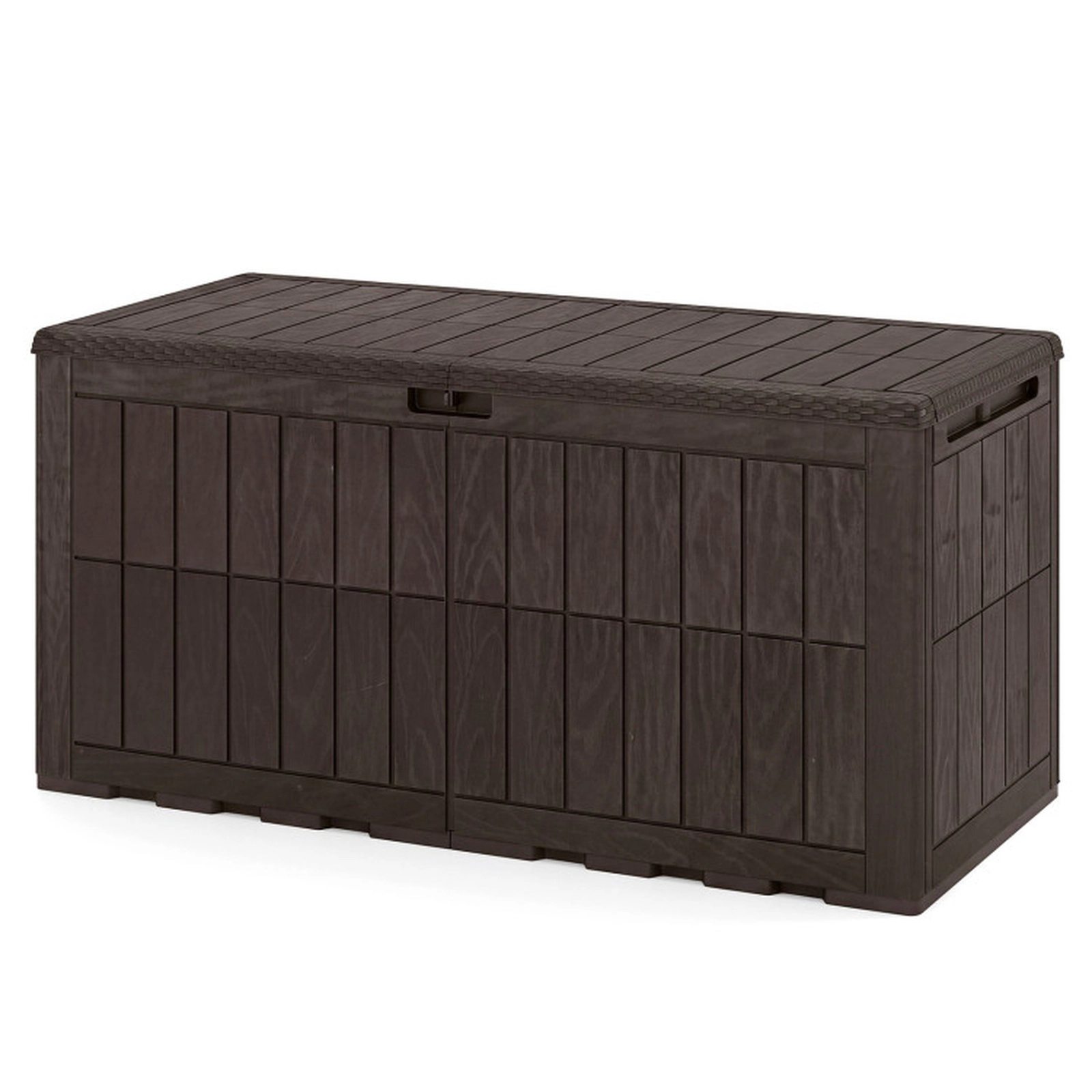 SUGIFT 120 Gal Outdoor Deck Storage Box with Hydraulic Lid and Handles 540-lb Seating Capacity Dark Brown