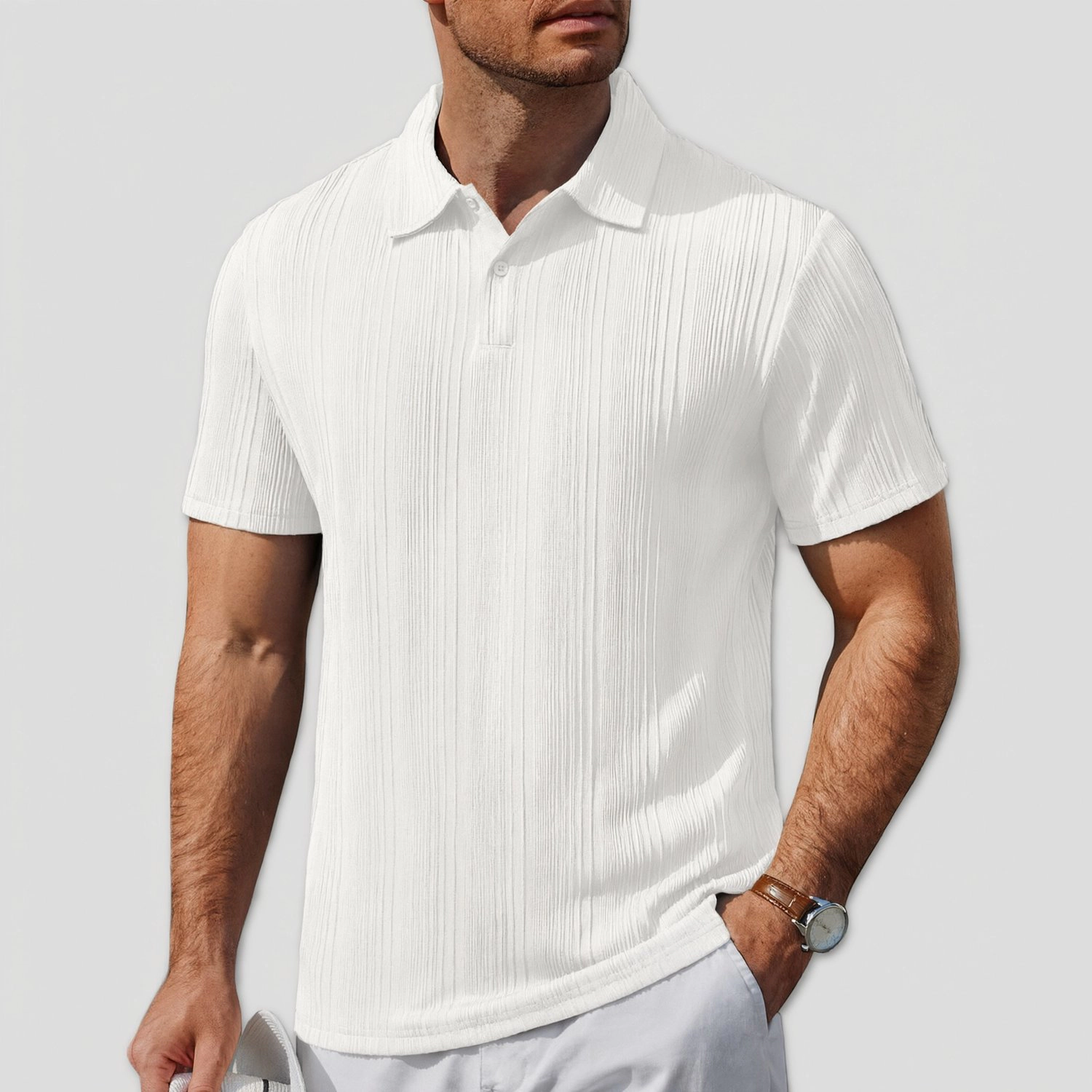 COOFANDY Mens Short Sleeve Polo Shirts  Vertical Pleated Collared Casual Tops