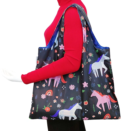 Wrapables Large Reusable Shopping Bag for Groceries with Outer Pouch (Set of 3), Kitties, Unicorns, Bunnies