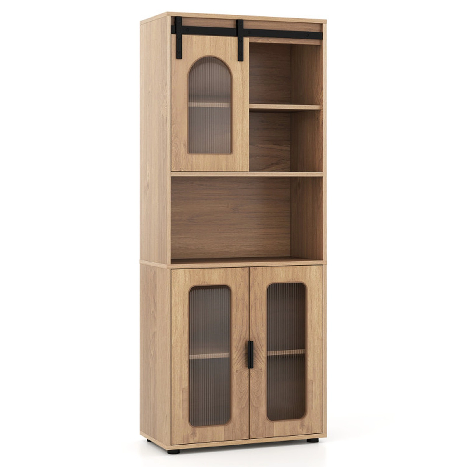 SUGIFT Sliding Barn Door Open Compartment Tall Bathroom Floor Cabinet 23.5-in x 12-in x 59-in 44-lb per Shelf Natural