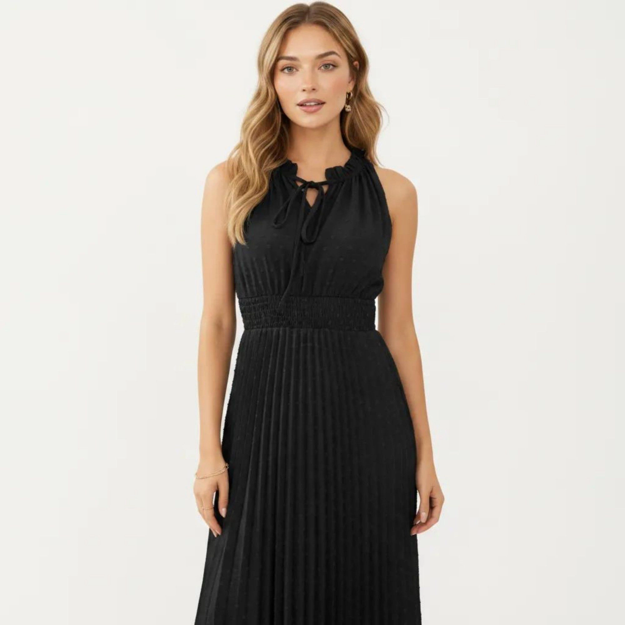 Anna-Kaci Women's Sleeveless Pleated Midi Dress with Smocked Waist and Tie Neck Detail