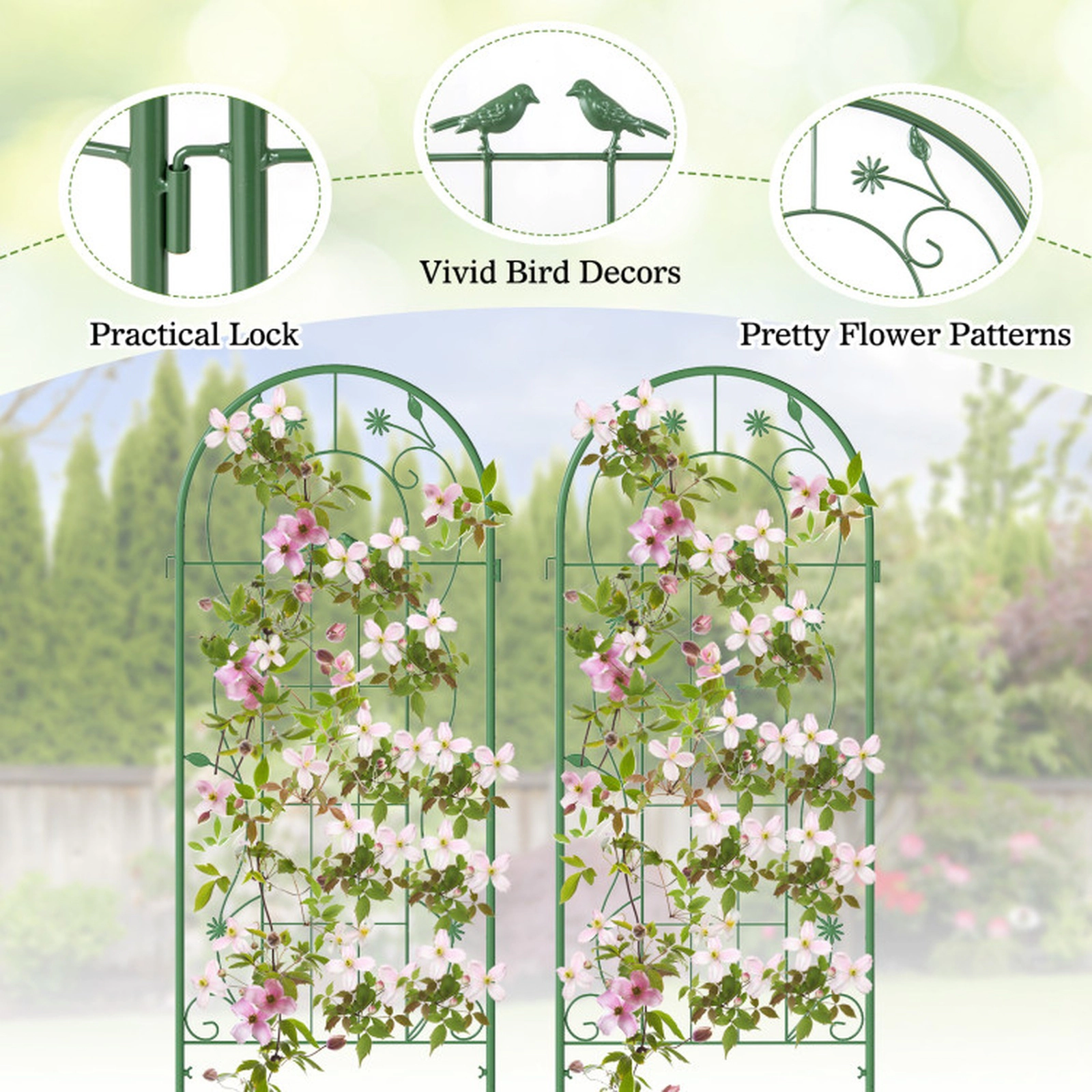SUGIFT 2-Pack Galvanized Steel Garden Trellis for Climbing Plants 86.5 x 20 in Panels with Ground Stakes Green