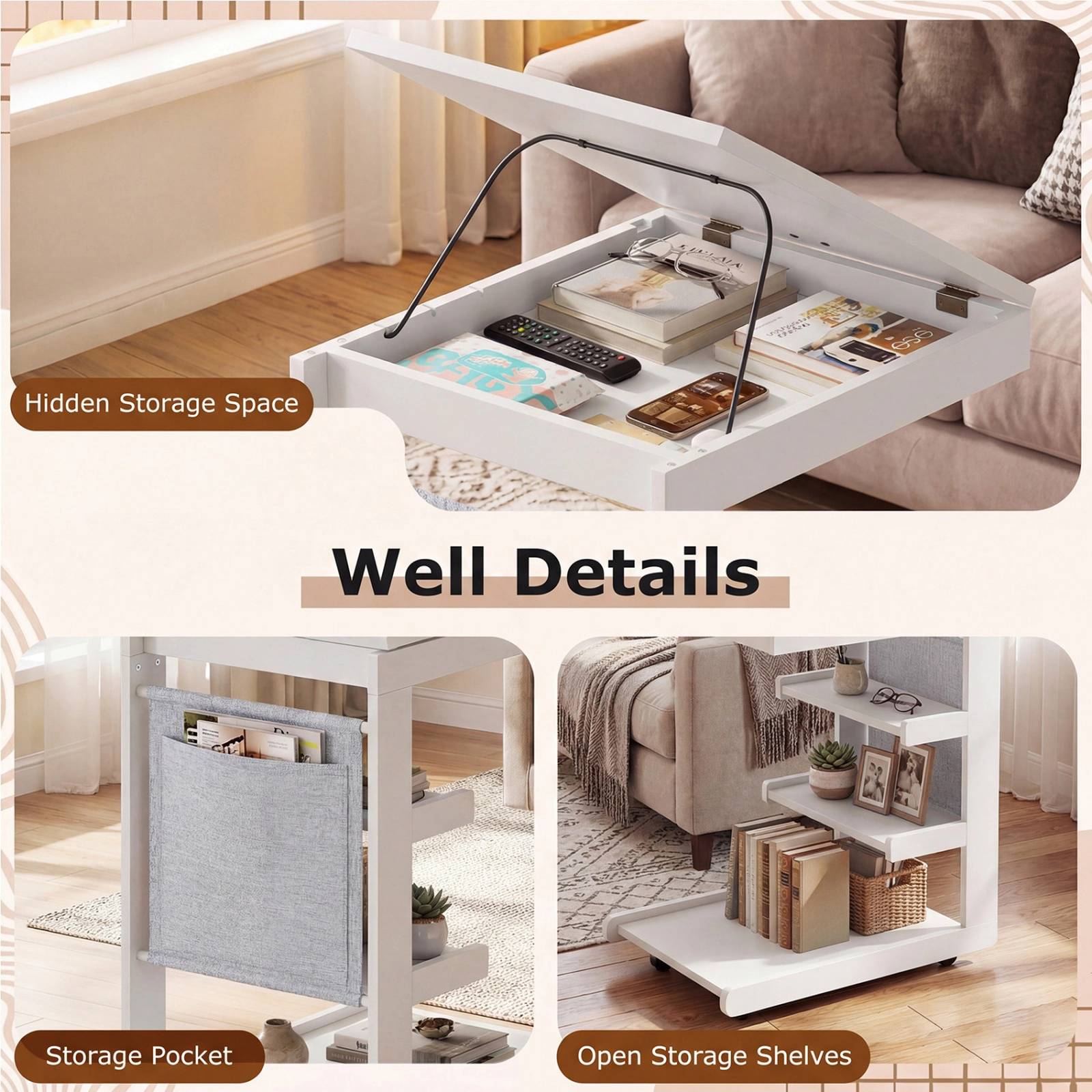 SUGIFT White C-Shaped Rolling End Table with Tilting Desktop