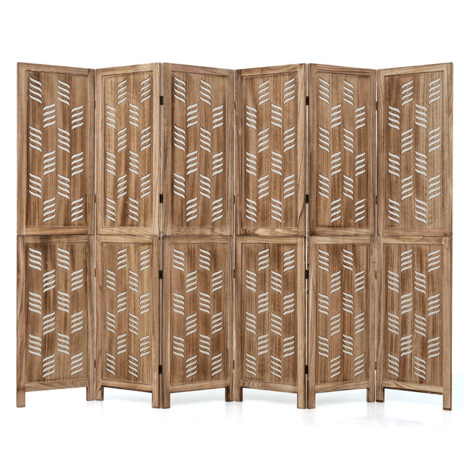 SUGIFT 6-Panel Paulownia Wood Room Divider Shelving Unit 95 x 67 in with Wave Cutouts 20.5-lb Net Weight Brown White