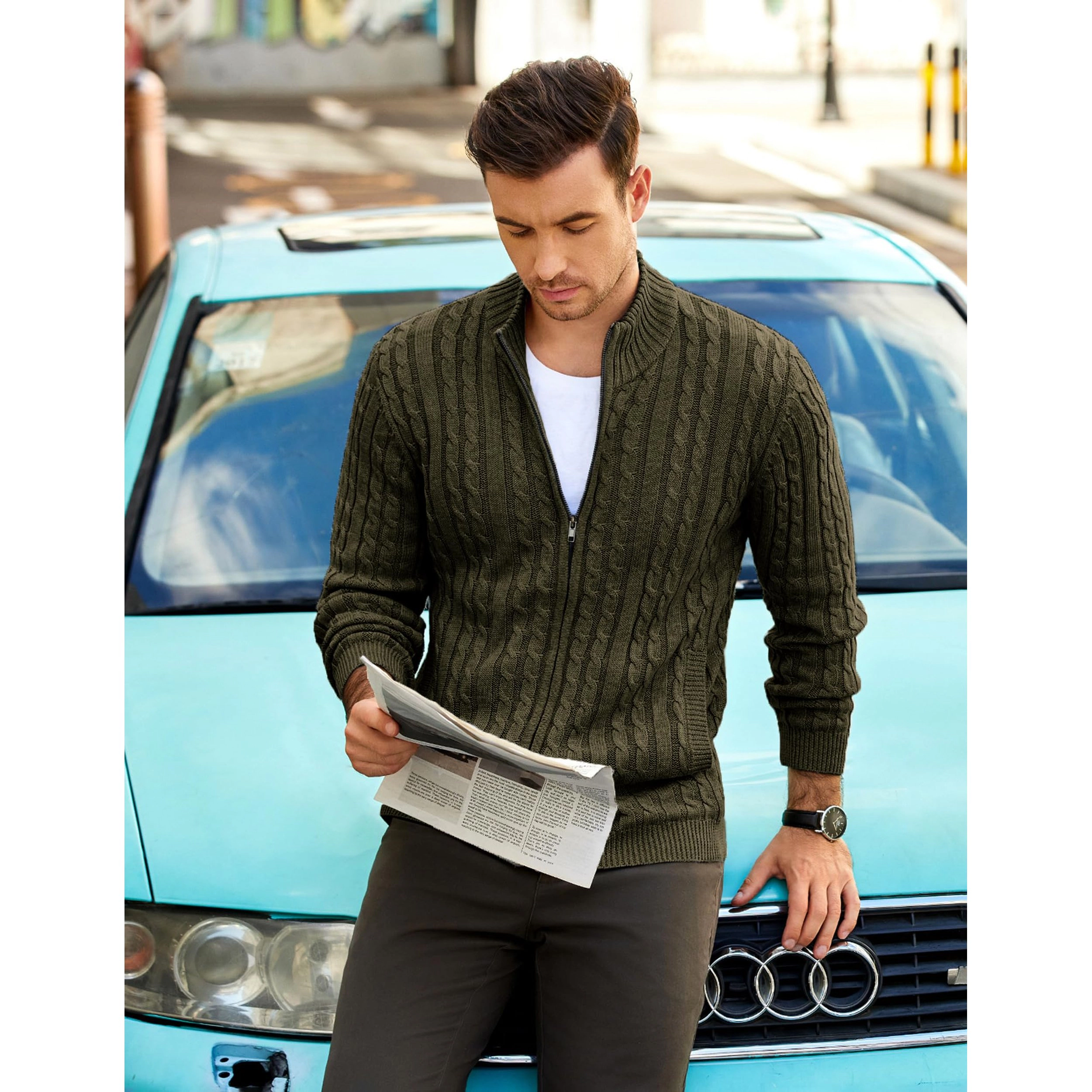 COOFANDY Men's Regular Fit Mock Neck Full Zip Cardigan Sweater