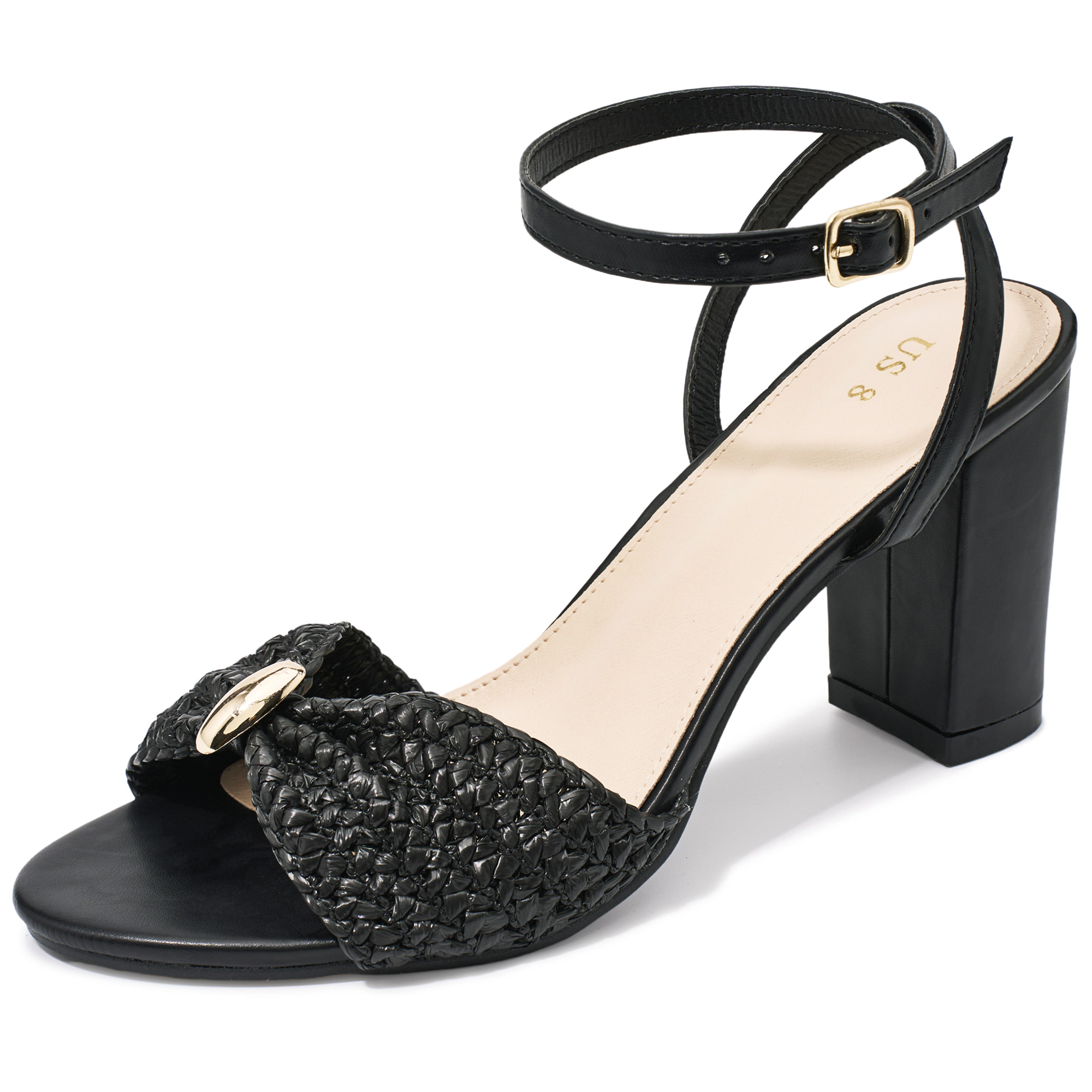 BLISSFUL STEP Women's Raffia Knot Open Toe Ankle Strap Chunky Heel Dress Sandals
