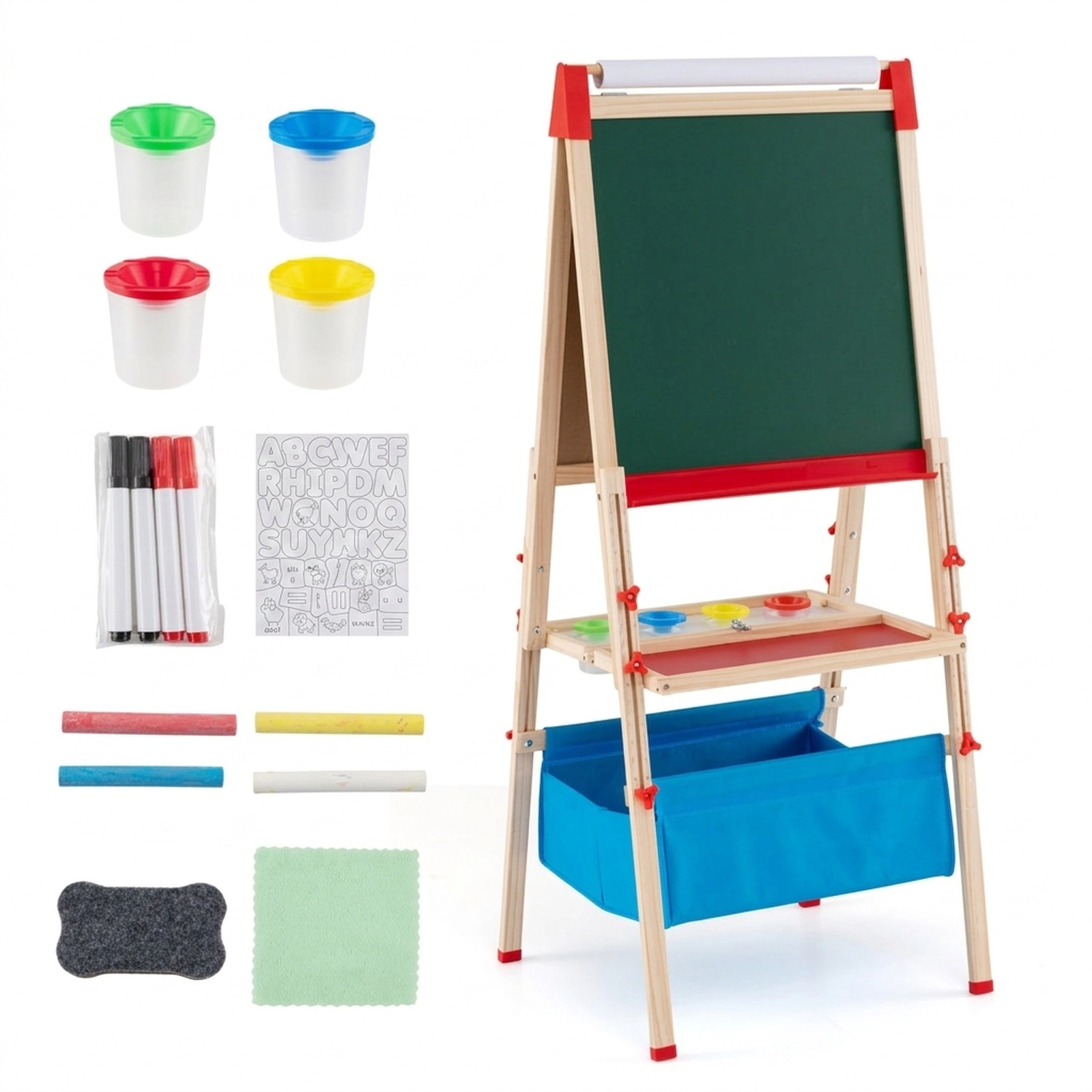 SUGIFT Foldable Double-sided Kids Easel with Magnetic Chalkboard and Paper Roll 47-57-in Tall Ages 3-15 Natural Red Blue