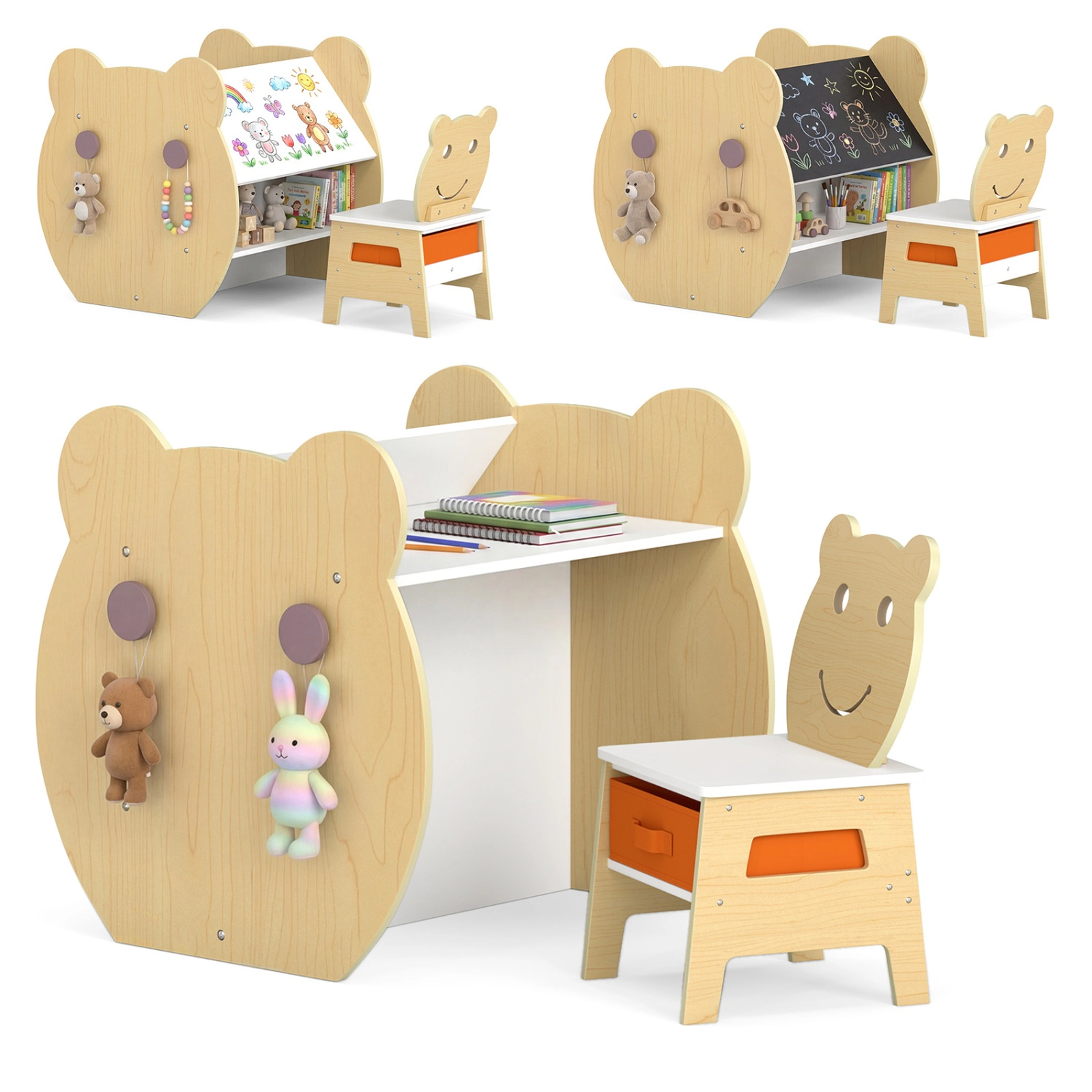 SUGIFT 3-in-1 Kids Art Table & Chair Storage & Reversible Whiteboard Chalkboard 110-lb Tabletop for Ages 3-10 Natural