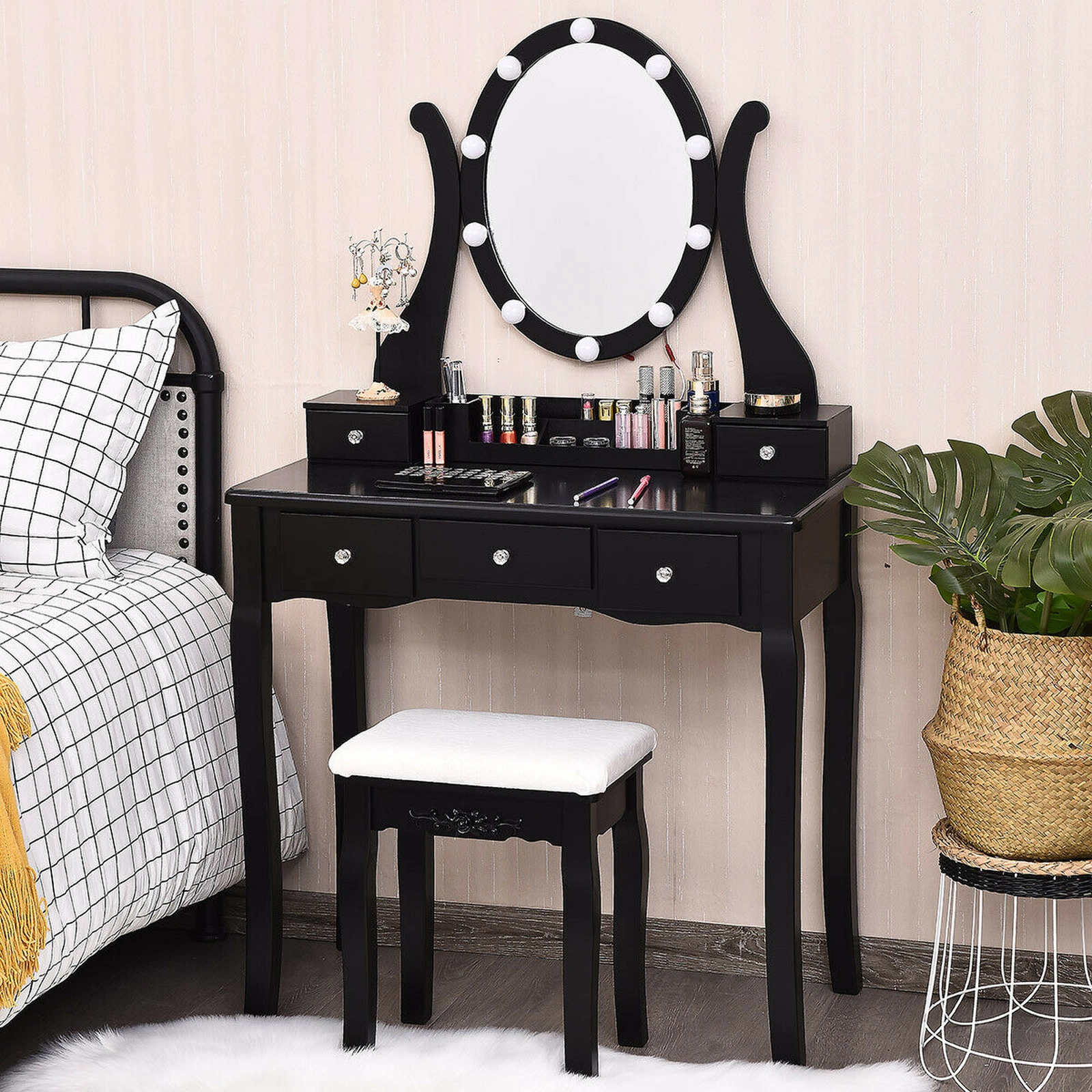SUGIFT 10 Dimmable Lights Vanity Table Set with Lighted Mirror and Cushioned Stool 287-lb Table Capacity Black