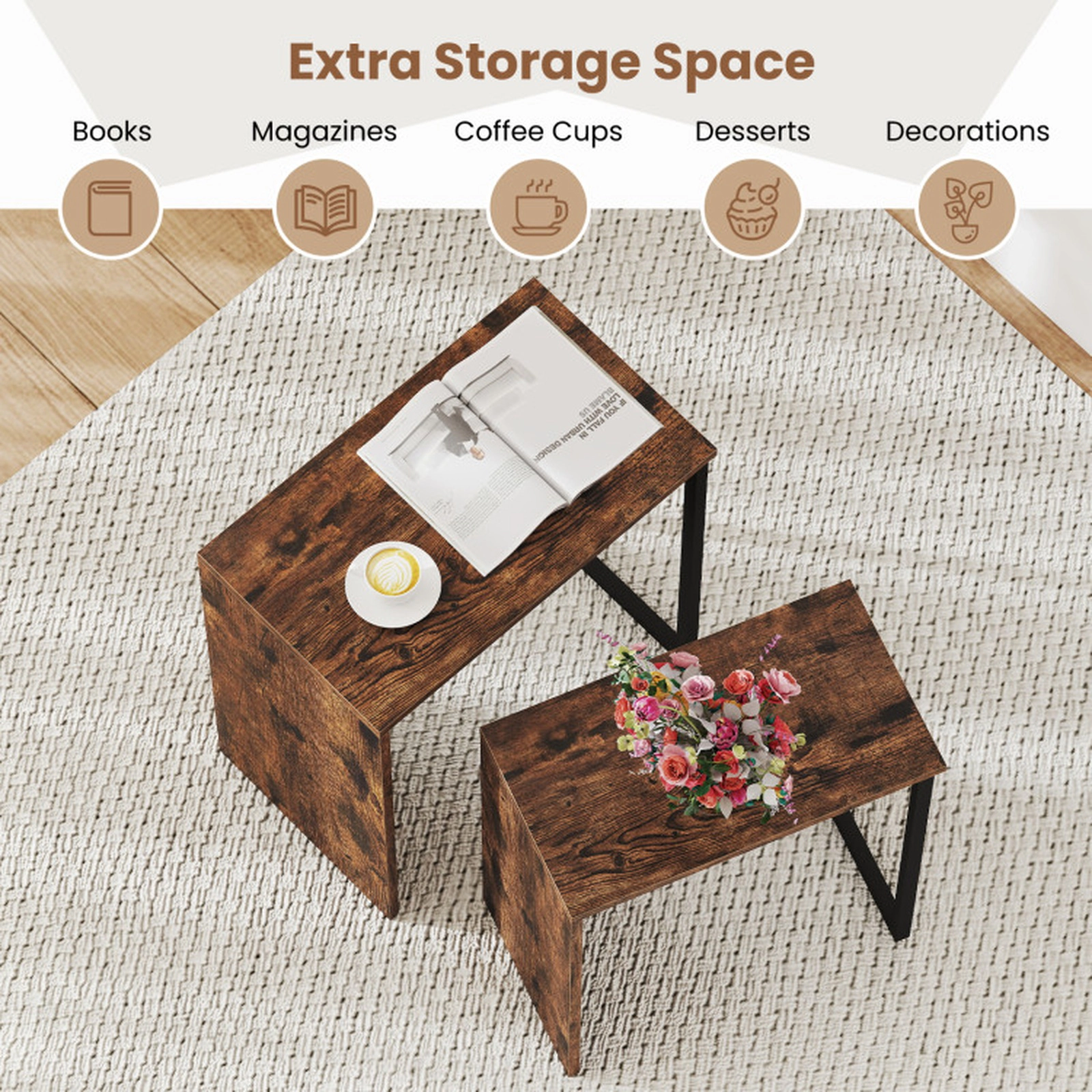 SUGIFT Set of 2 Nesting 2-in-1 Metal Frame Wood Coffee Tables 20-in x 12-in x 21-in 44-lb Capacity Rustic Brown
