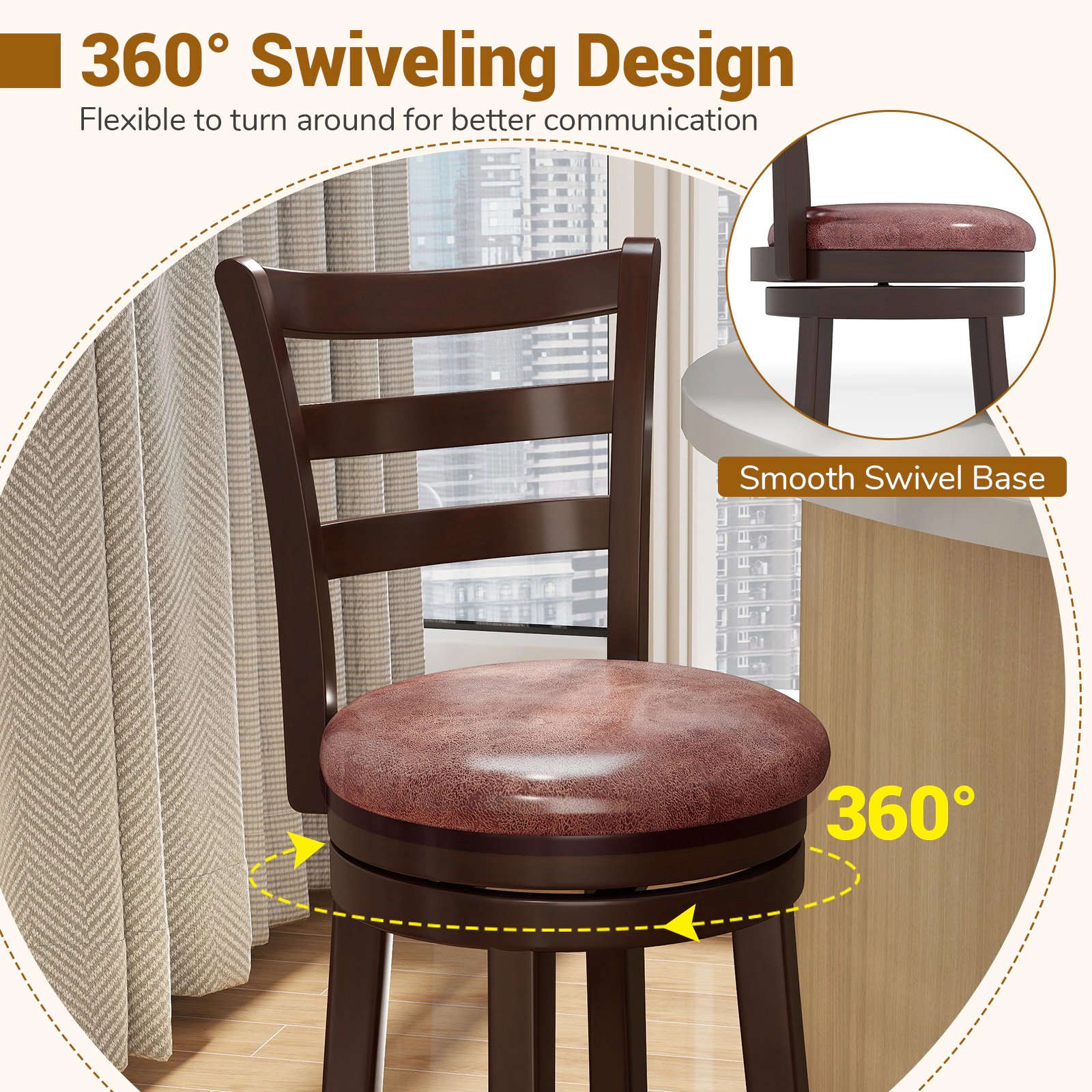 LJG Counter Height Swivel Barstools Set of 2 with Faux Leather Seat and Wrap-Around Footrest-29