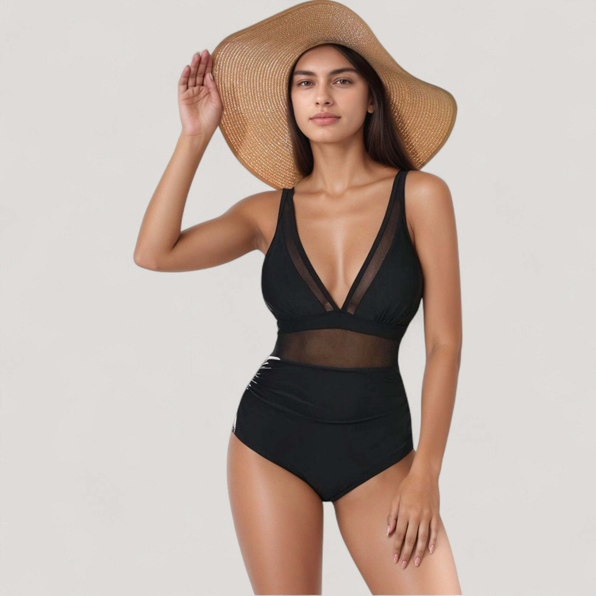 Anna-Kaci Women Deep V Mesh Panel One Piece Swimsuit, Sheer Waist, Adjustable Straps
