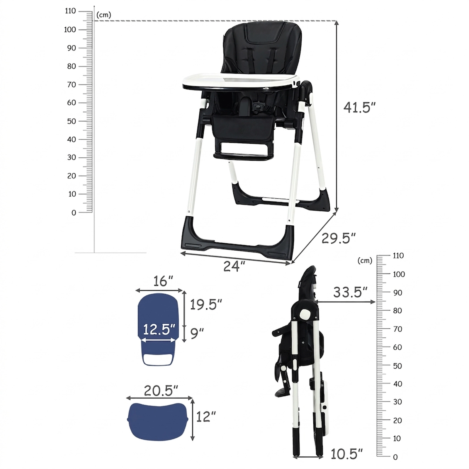 Foldable Baby High Chair Silent Rear Wheels 7 Adjustable Heights 5-Position Recline for Babies and Toddlers Black
