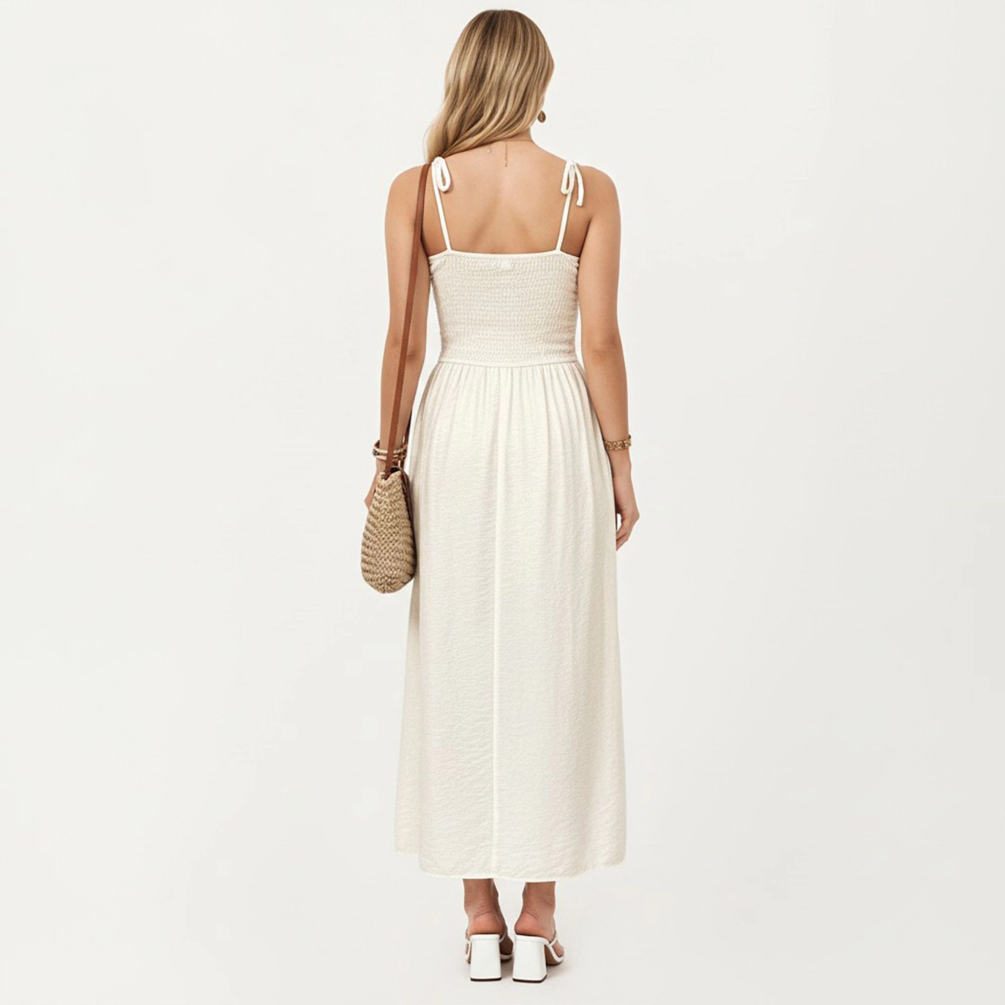Anna-Kaci Womens Smocked Button-Front Maxi Dress with Tie Shoulder Straps