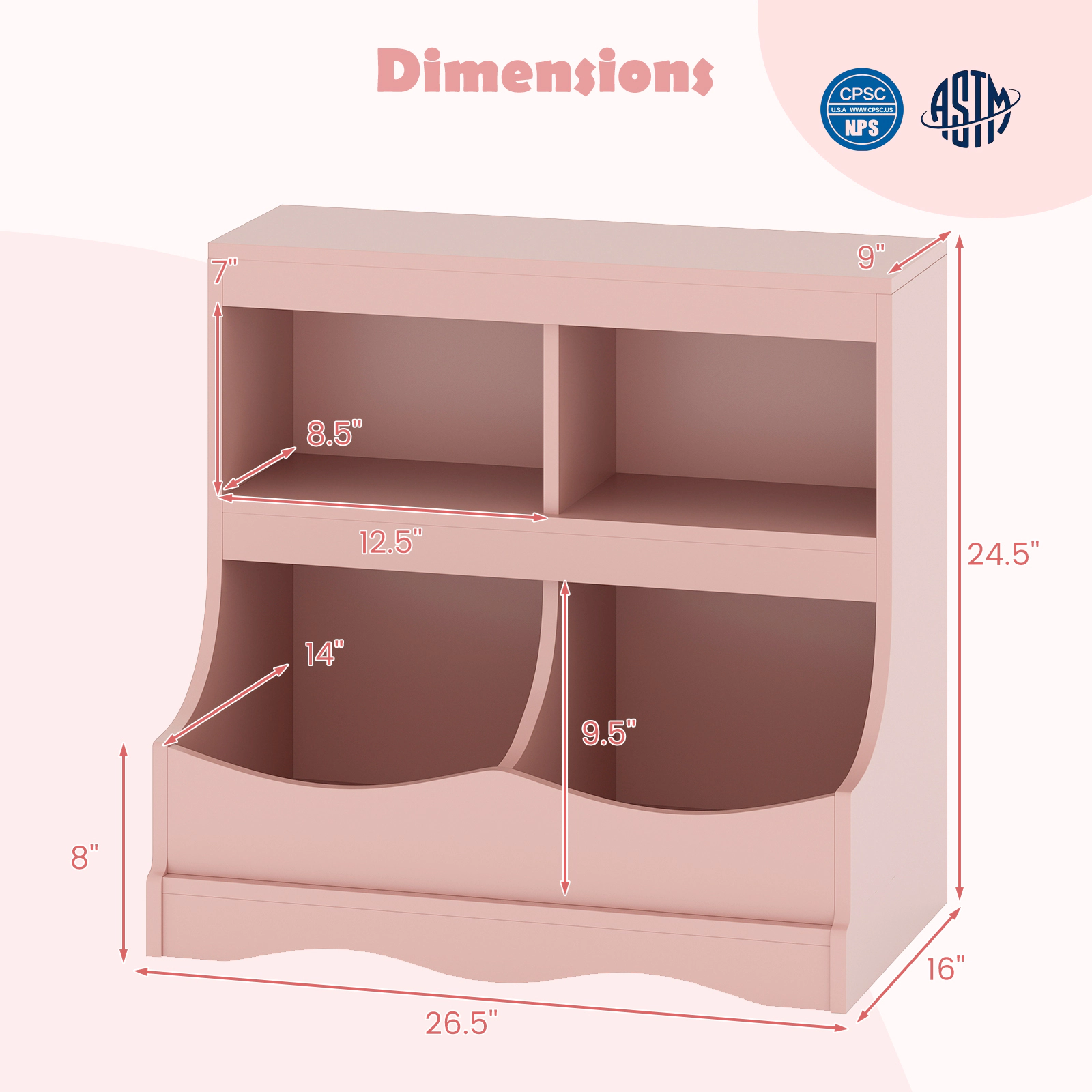 SUGIFT 4-Cubby Engineered Wood Toy Storage Organizer Kids Bookcase 132-lb Capacity Pink