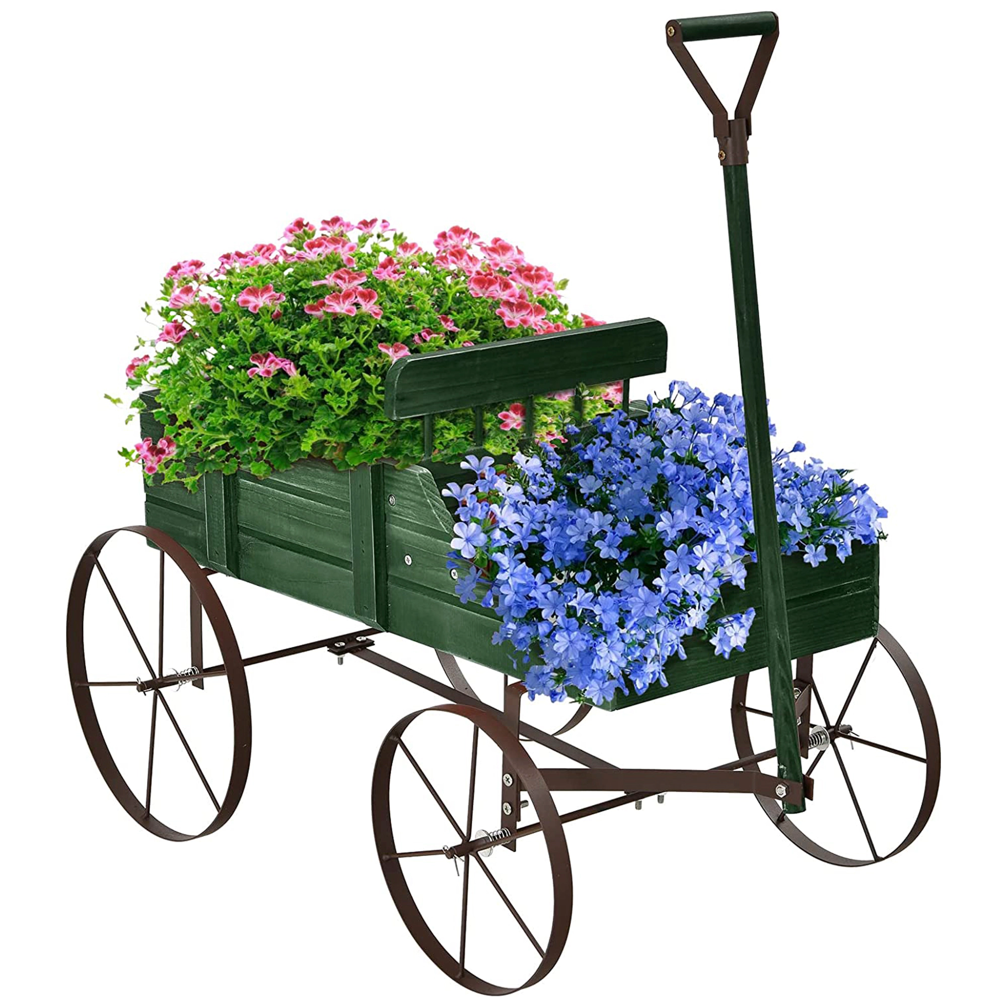 SUGIFT Red Wooden Wagon Planter with Antique Metal Wheels 24.5-in W 13.5-in D 24-in H 33-lb Cart Capacity