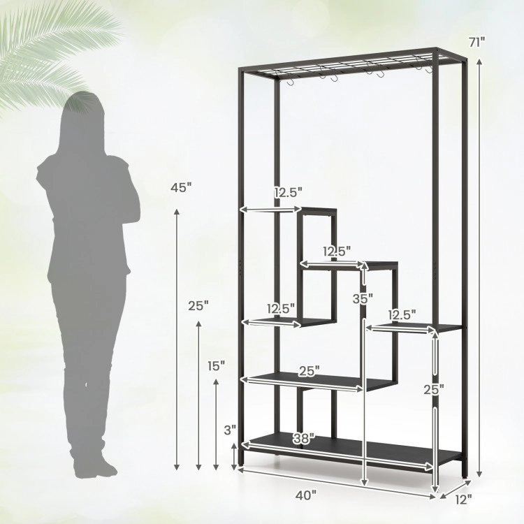 Hivvago 6-Tier Tall Plant Stand 71 Inch Metal Indoor Plant Shelf with 10 Hanging Hooks
