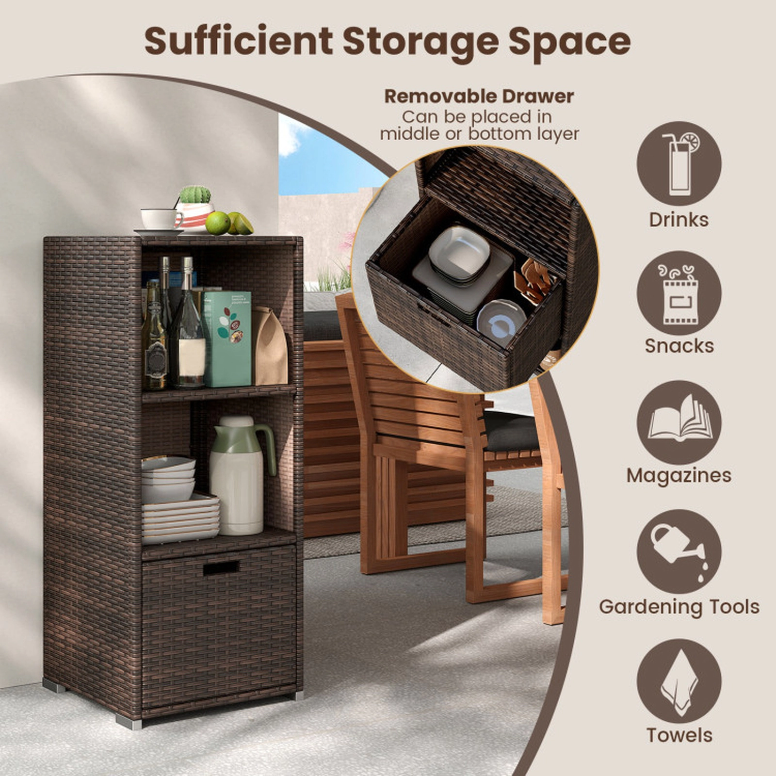 SUGIFT 3-Shelf PE Rattan Removable Drawer Outdoor Patio Storage Cabinet 19.5-in x 19.8-in x 43-in 80-lb Shelf Brown