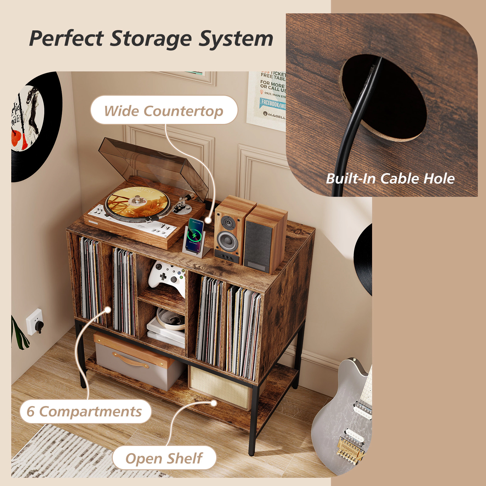 SUGIFT Record Player Stand with Charging Station and Metal Frame Accent Table 275-lb Capacity Rustic Brown & Black/White