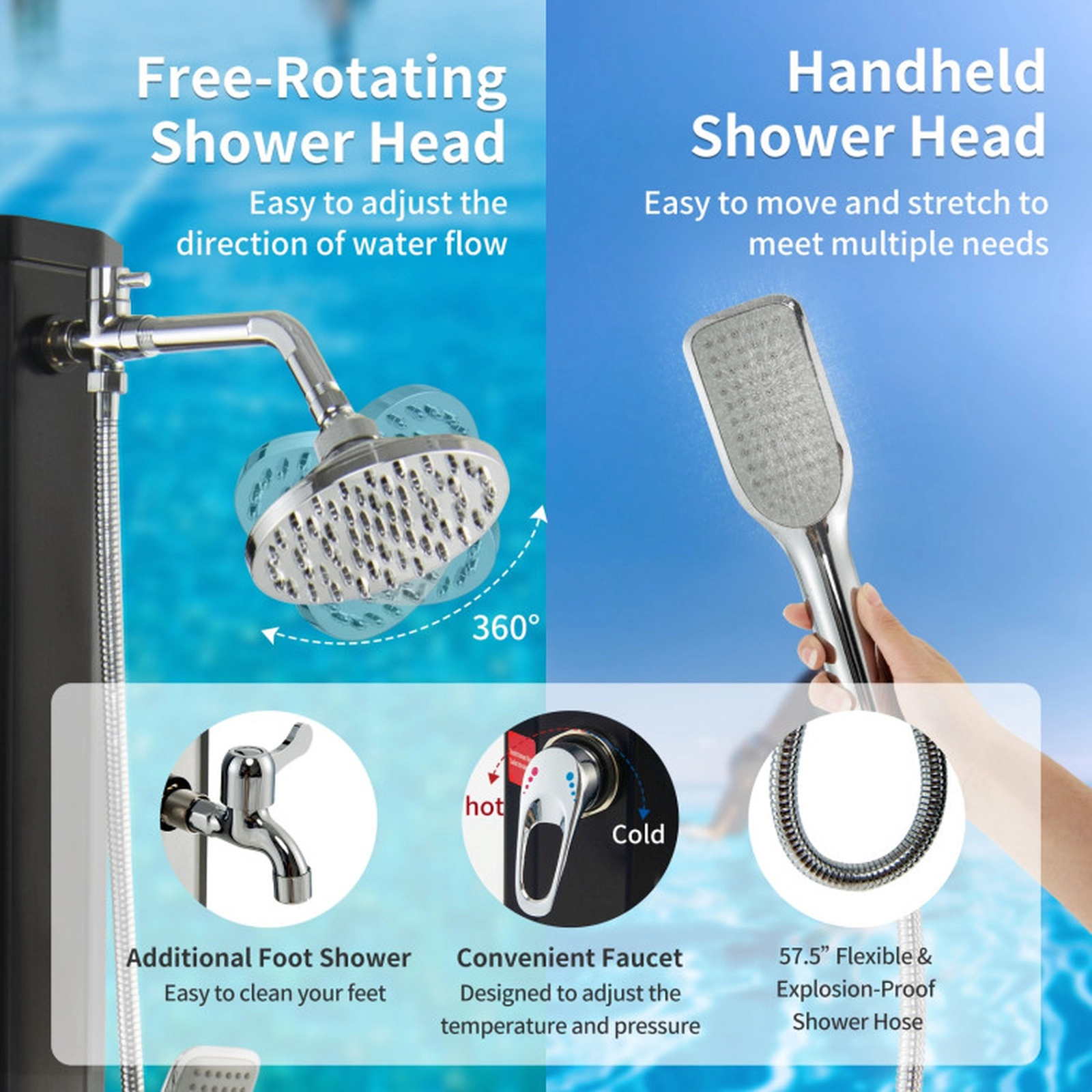 SUGIFT 7.2-ft Solar Heated Handheld Sprayer Foot Tap Freestanding Outdoor Shower 9.3-Gallon 85.5-in 6-in Head Black