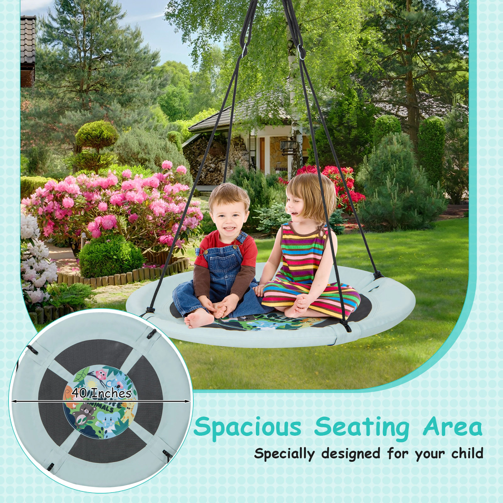 SUGIFT 220-lb 40-in Saucer Tree Swing with Adjustable Ropes 3 Hanging Options and Rust-Proof Galvanized Pipe