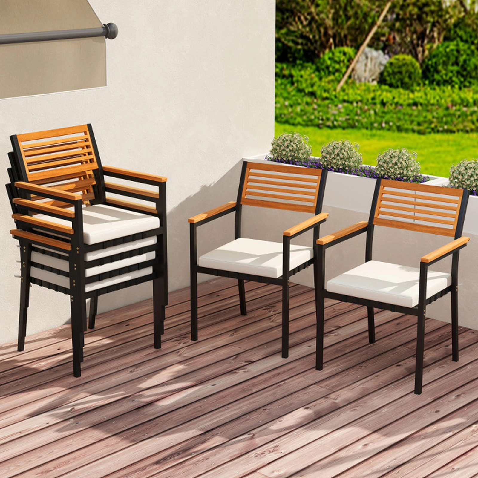 SUGIFT Stackable Patio Dining Chairs 400-lb Capacity with Cushions Natural and Black
