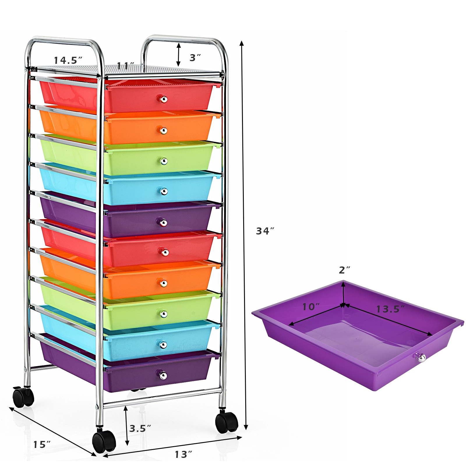 SUGIFT Purple 10-Drawer Slim Rolling Storage Cart with 4 Universal Casters 13-in W 15-in D 34-in H 3-lb Per Drawer