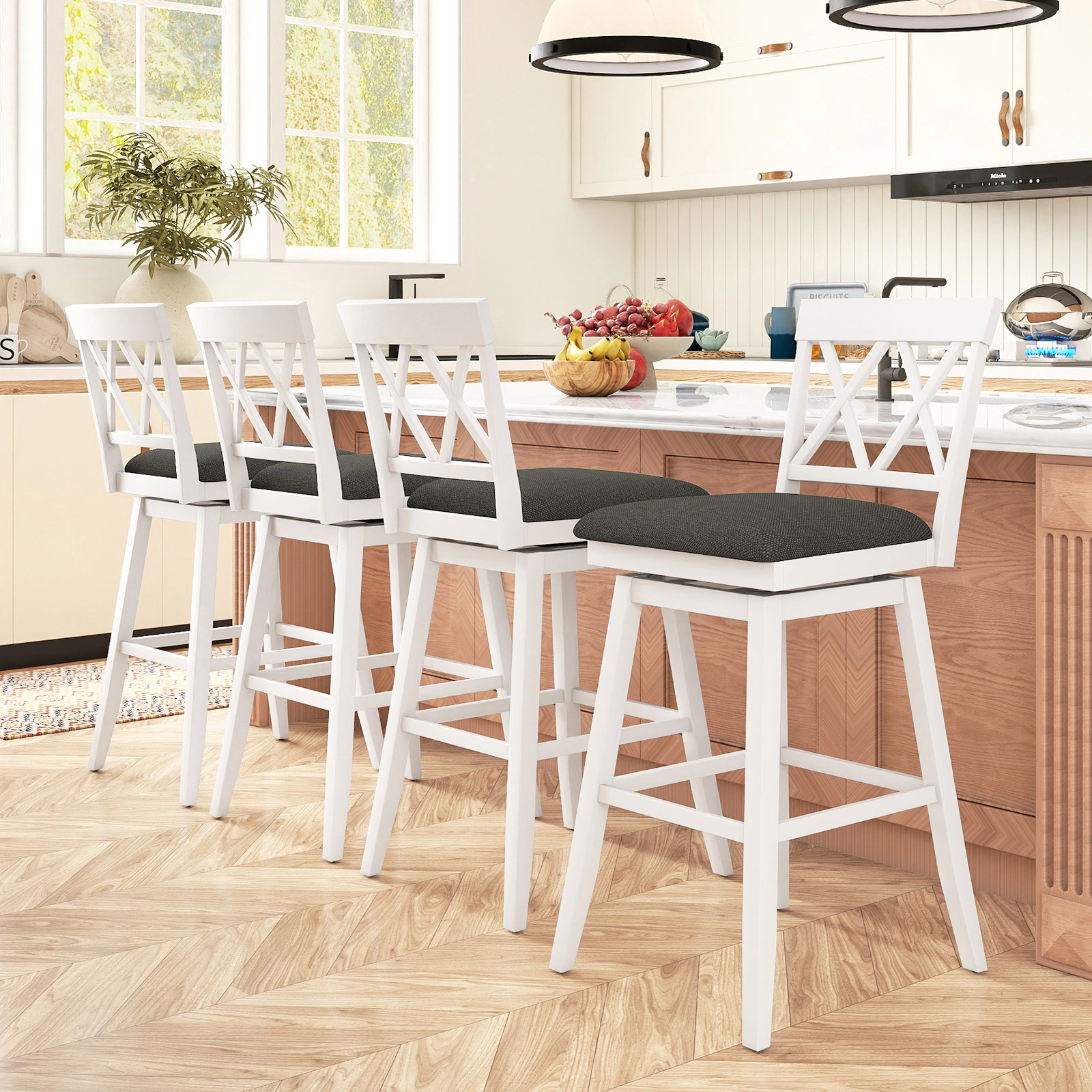 LJG Swivel Bar Stools Set of 4 Counter Height Barstools with Backrest Upholstered Seat Cushion