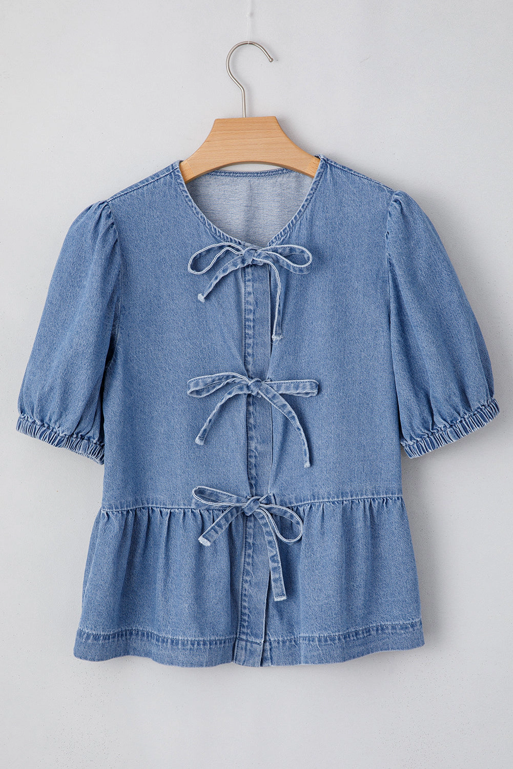 Threaded Pear Women's Hope Tied Front Bubble Sleeve Peplum Denim Shirt