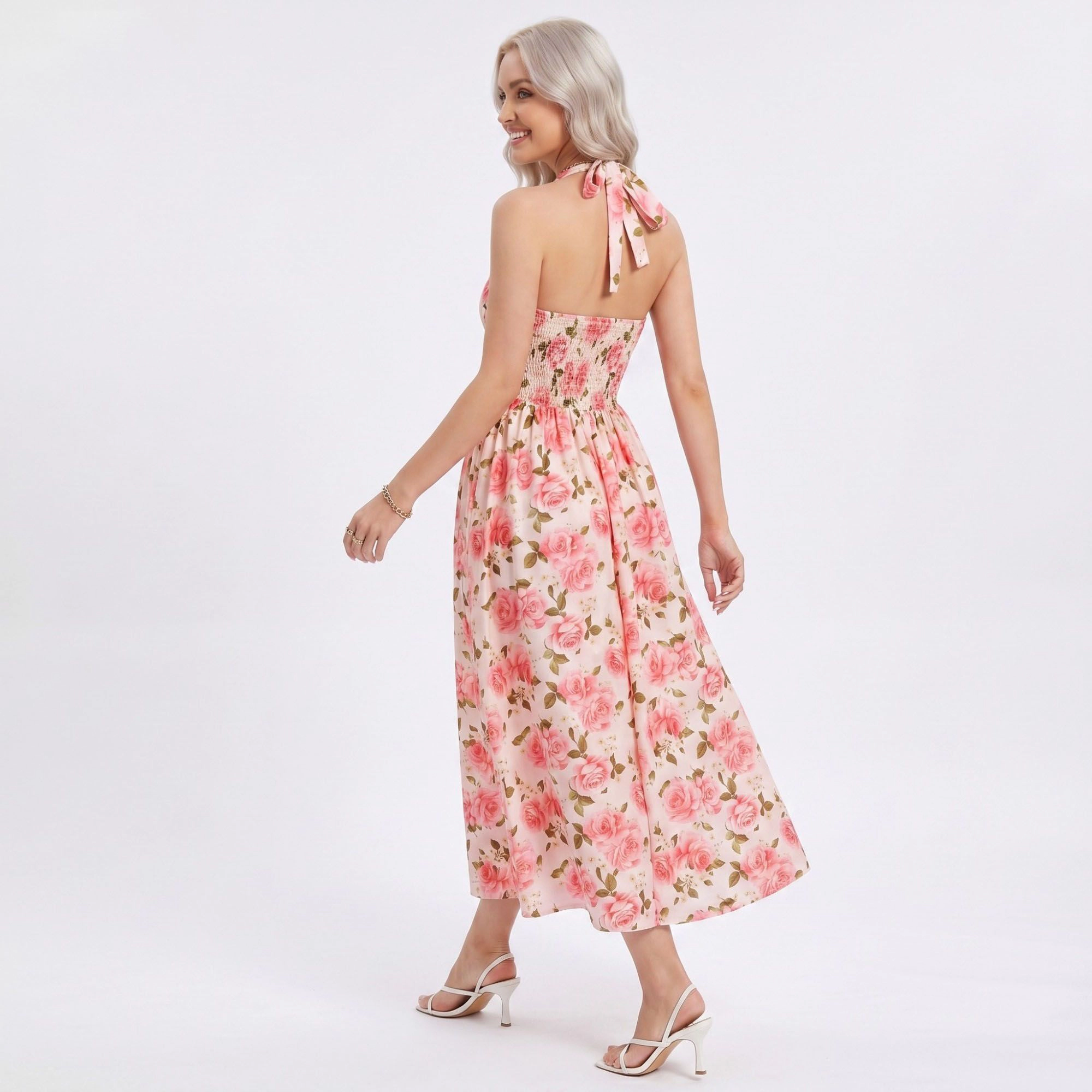 Anna-Kaci Women's Floral Print Halter Smocked Back Midi Dress
