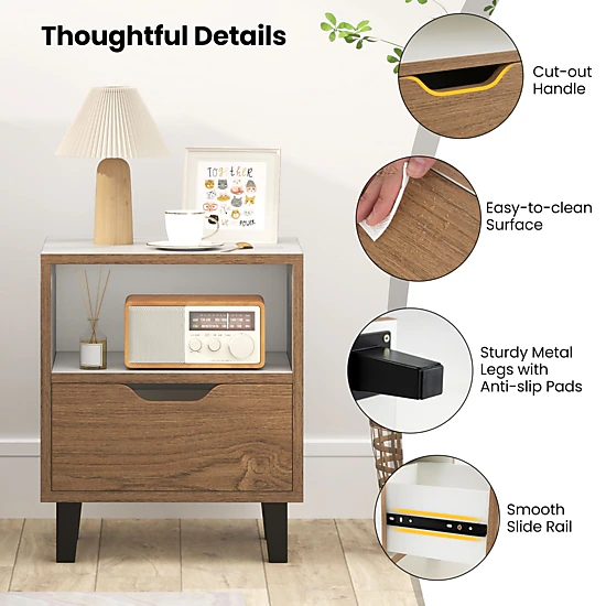 SlickBlue Modern Nightstand with Drawer and Open Storage Shelf