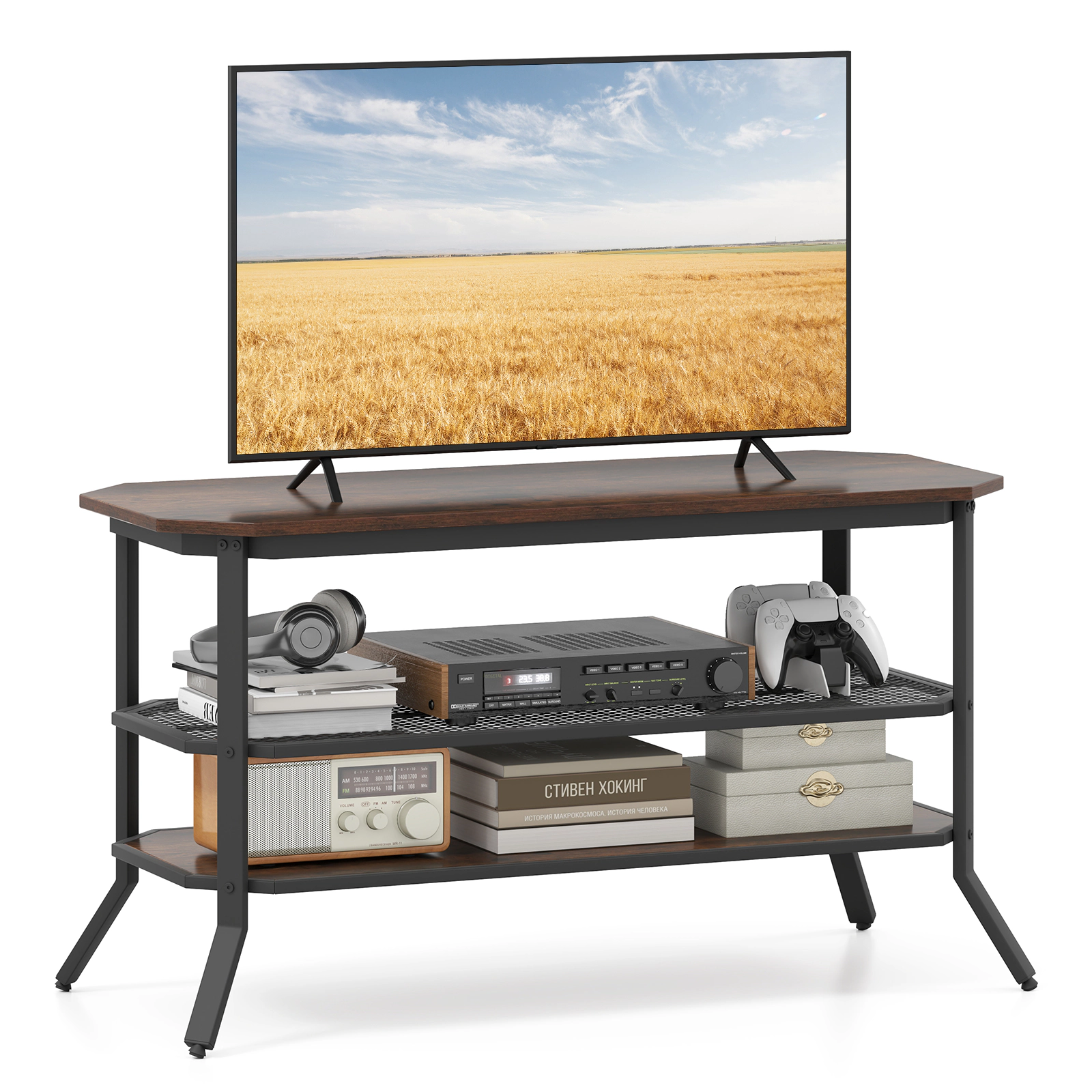 LJG 3-tier Console Table TV Stand with Mesh Storage Shelf