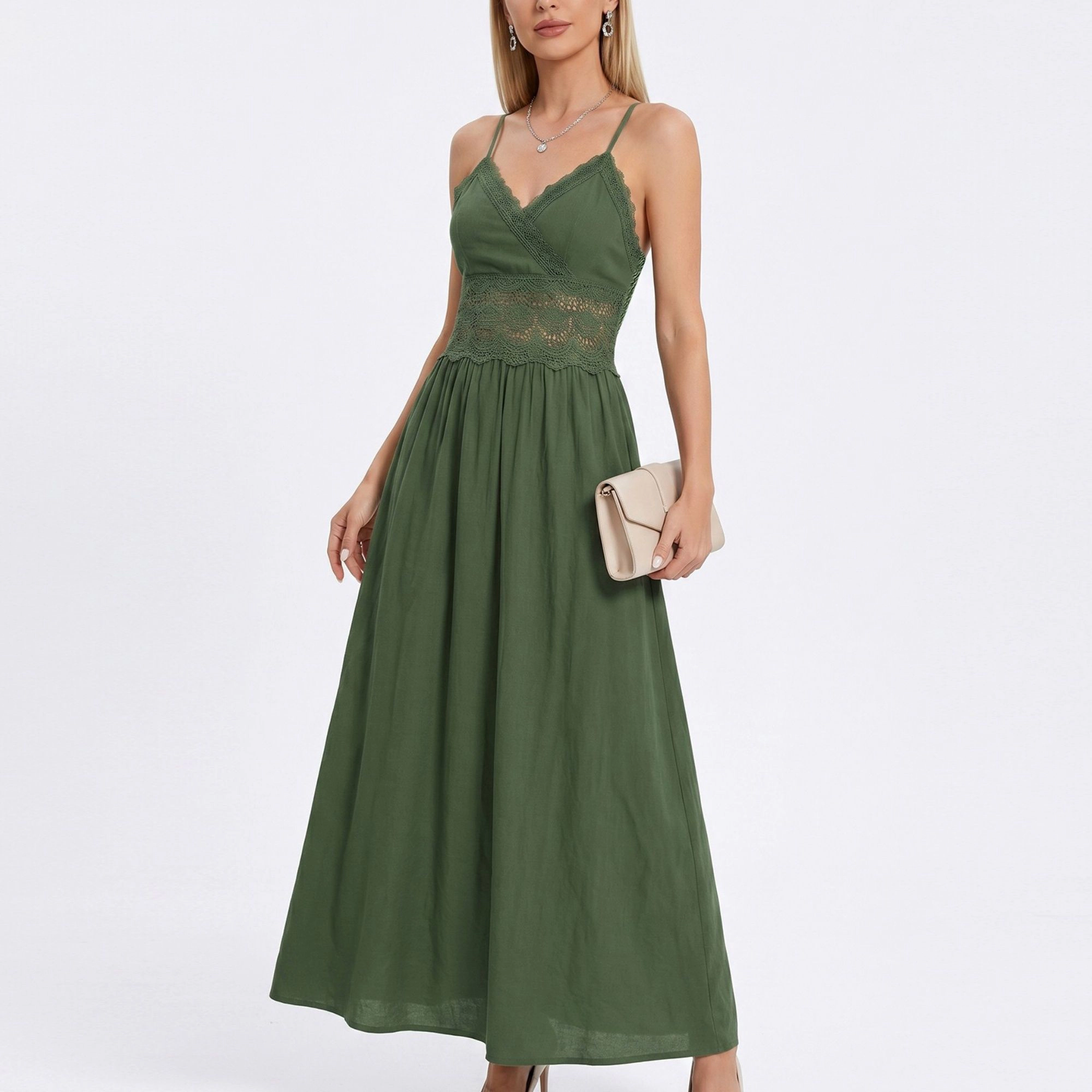 Anna-Kaci Women's Lace Waist Spaghetti Straps Surplice V-Neck Bodice Maxi Dress