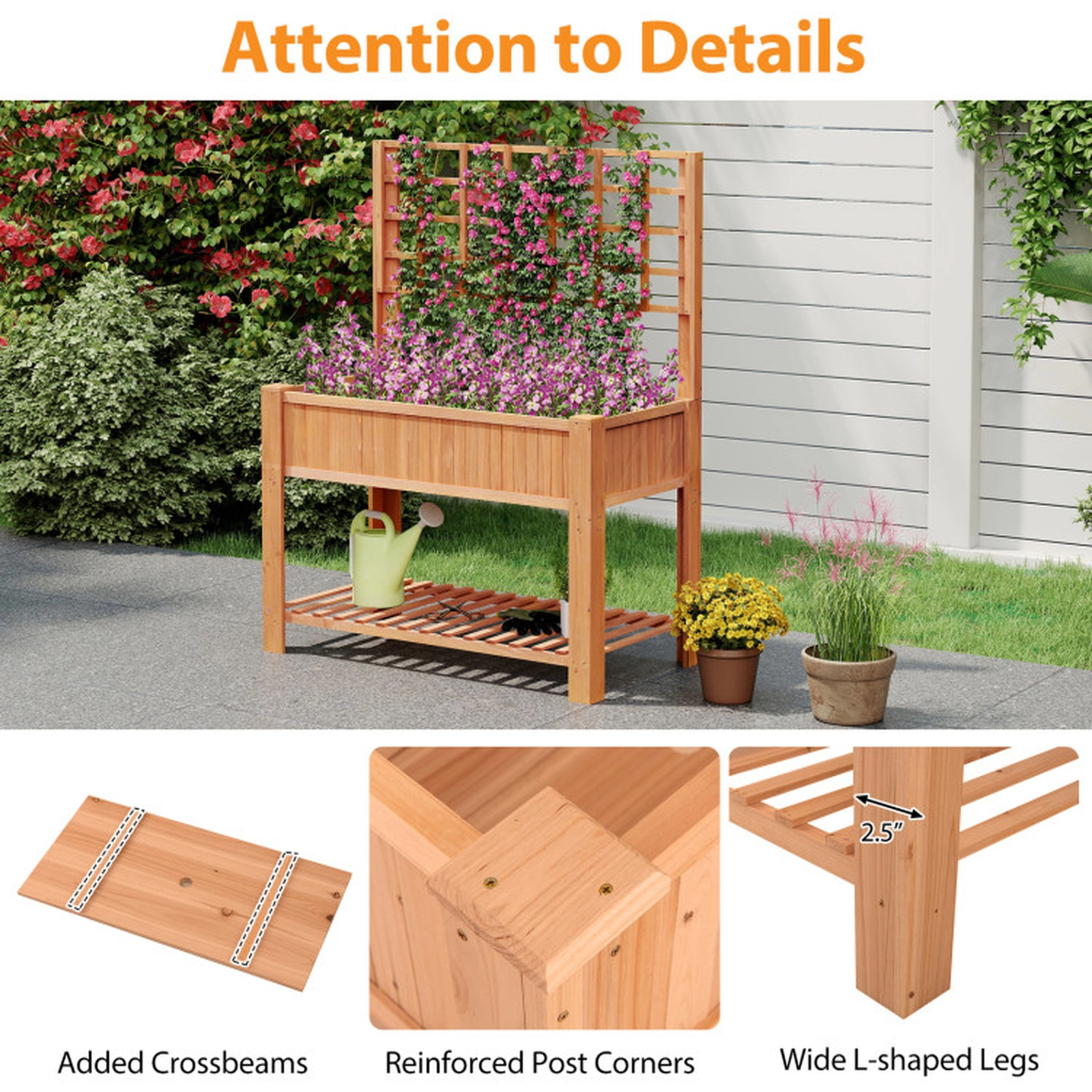 SUGIFT 59-in 110-lb Capacity Fir Wood Raised Garden Bed with Climbing Trellis Storage Shelf and L-Shaped Legs