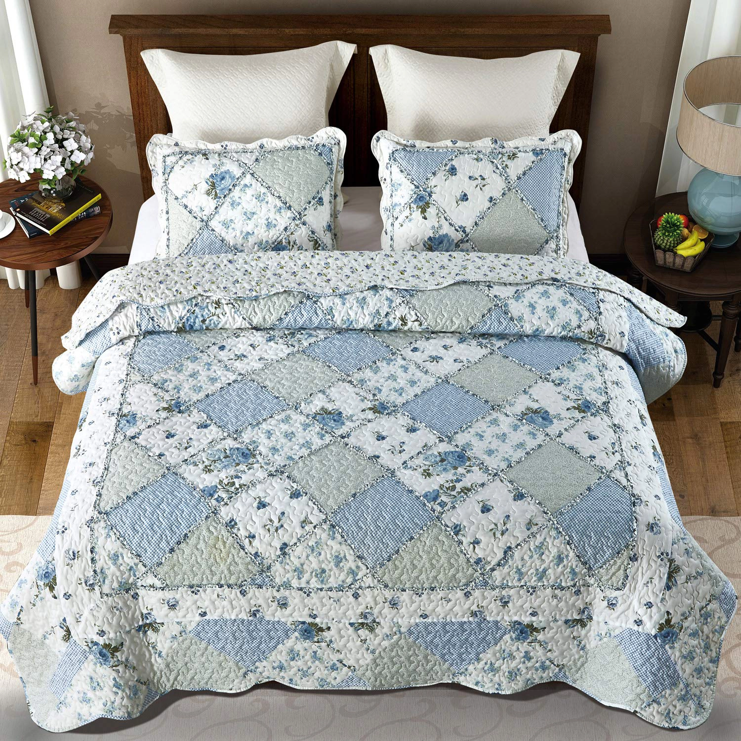 PUPWE Oversized King Quilt Set 128x120 Grey Flpatchwork Bedspreads