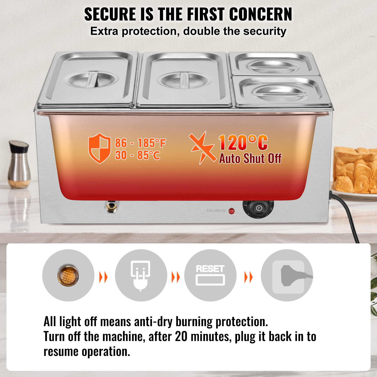 HONGGE 24QT Commercial Food Warmer Electric Steam Table 1200W Professional Countertop Stainless Steel Buffet Bain Marie