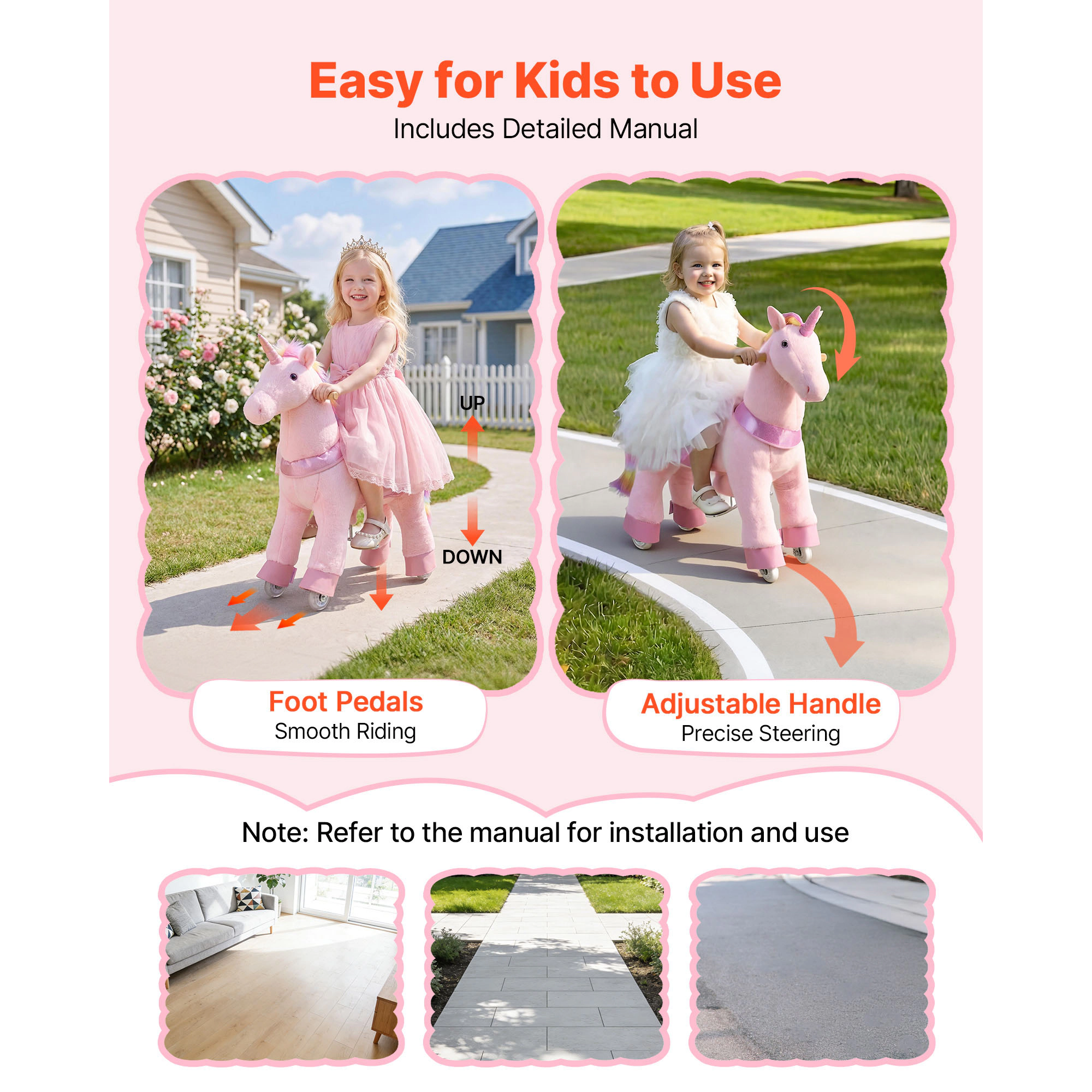 HONGGE Ride On Unicorn Toy for Kids, Pink, Pedal-Powered, Anti-Roll Wheels, Ages 3-8, Holds Up to 110 lbs