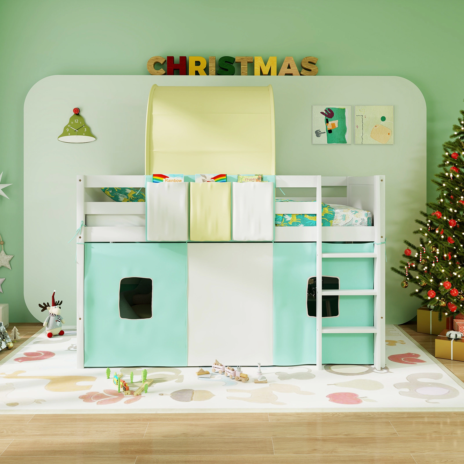 SUGIFT Twin Playhouse Loft Bed with Arched Tower Tent, Storage Pockets, 14-in Guardrails, Turquoise