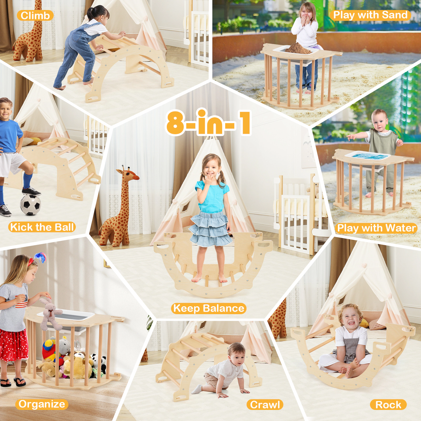 LJG 8 in 1 Climbing Arch Sensory Table with Collapsible Storage Bin for Kids